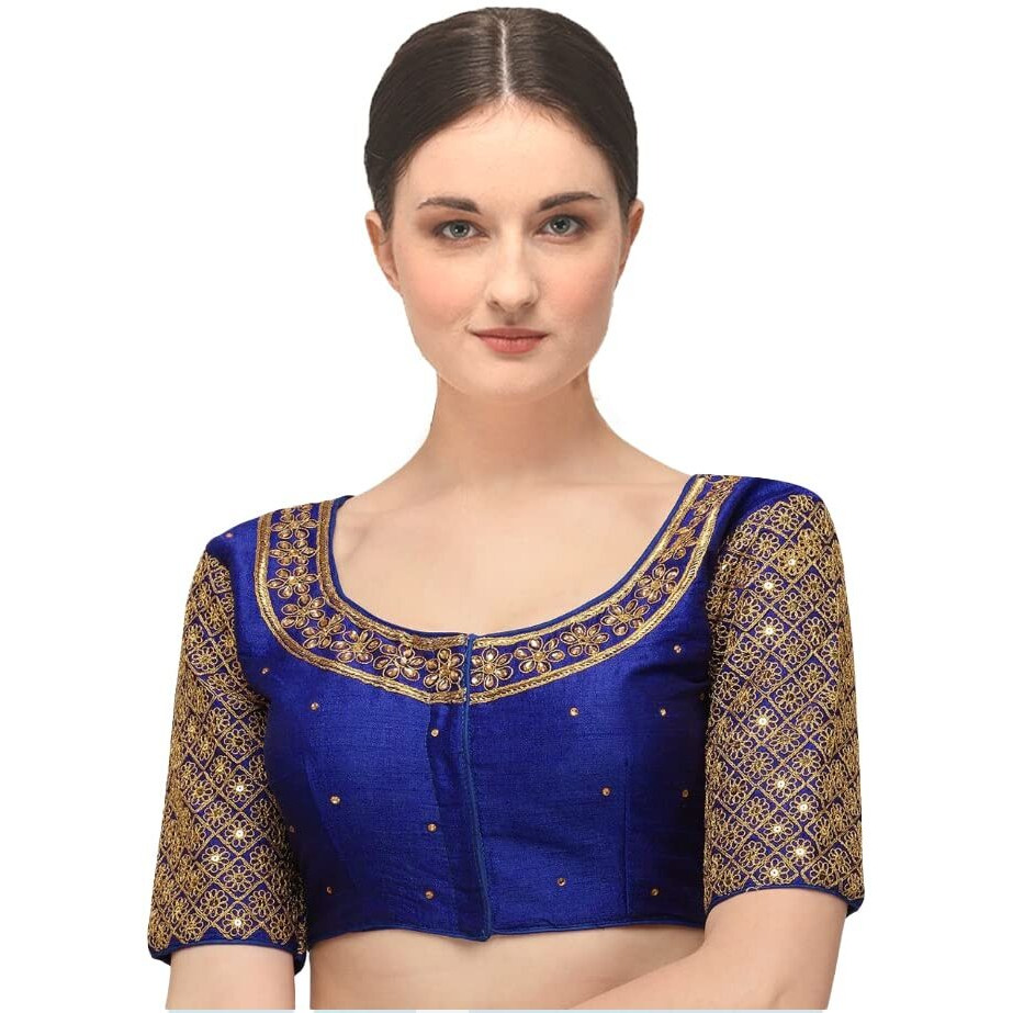 Pujia Mills Women's Silk Half Sleeve Blouse (KUNDAN Blouse Variation_Royal_38)