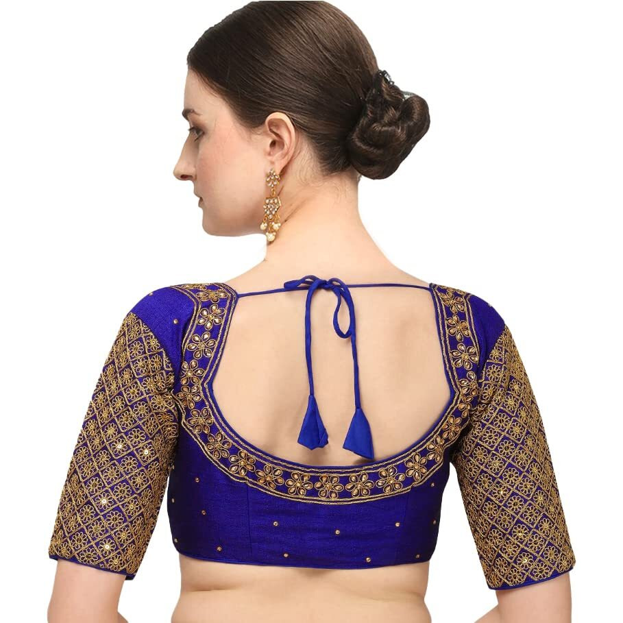 Pujia Mills Women's Silk Half Sleeve Blouse (KUNDAN Blouse Variation_Royal_38)