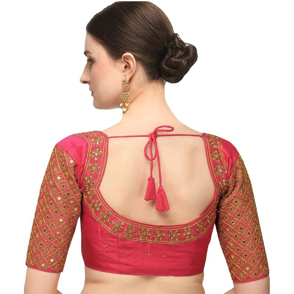 Pujia Mills Women's Embroidery Handwork Sequence Work Necklace Design Readymade Blouse (Gajari, 32)