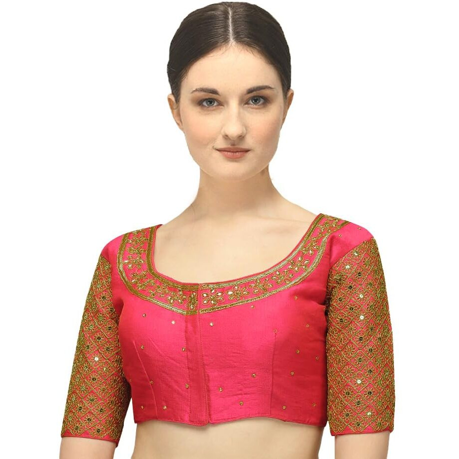 Pujia Mills Women's Embroidery Handwork Sequence Work Necklace Design Readymade Blouse (Gajari, 32)