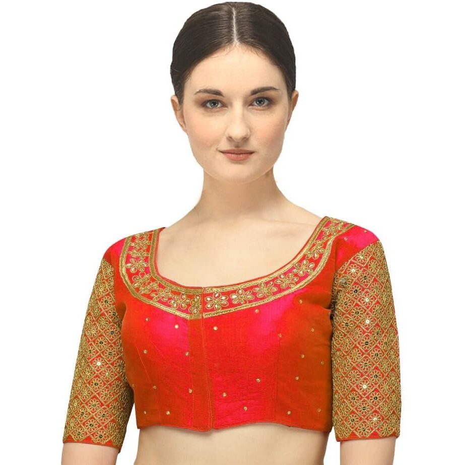 Pujia Mills Women's Embroidery Handwork Sequence Work Necklace Design Readymade Blouse (Red, 32)