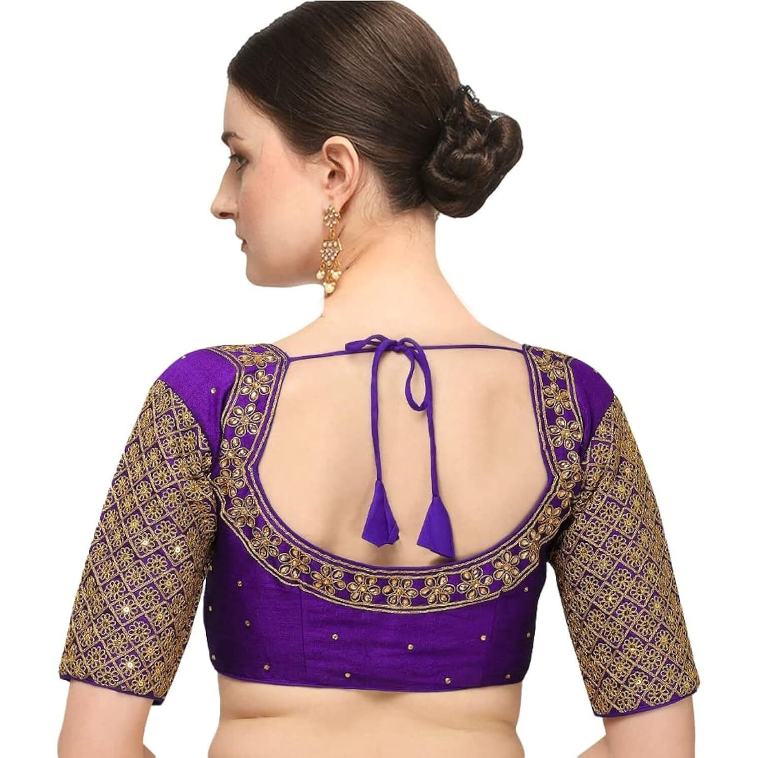 Pujia Mills Women's Embroidery Handwork Sequence Work Necklace Design Readymade Blouse (Purple, 34)