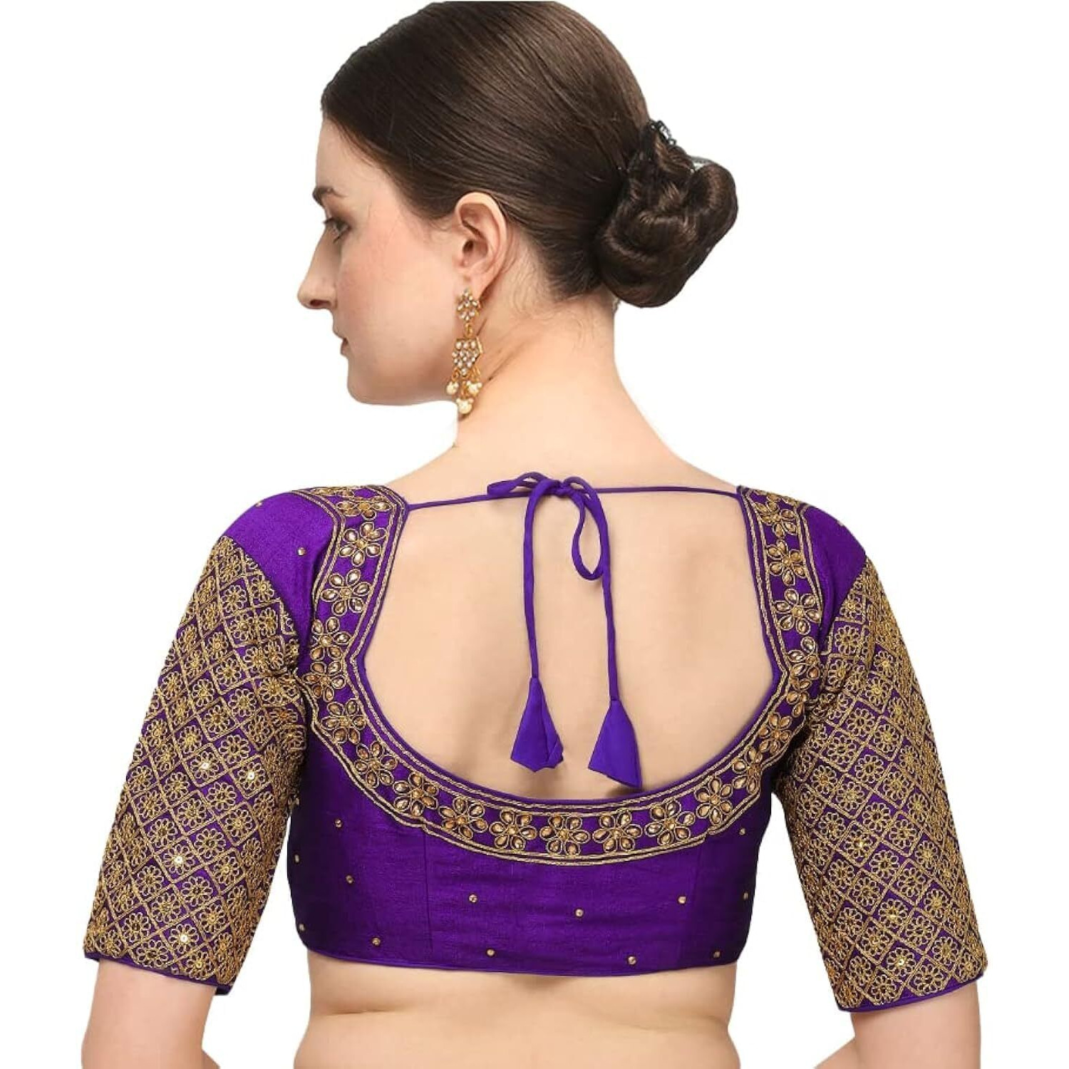 Pujia Mills Women's Embroidery Handwork Sequence Work Necklace Design Readymade Blouse (Purple, 34)