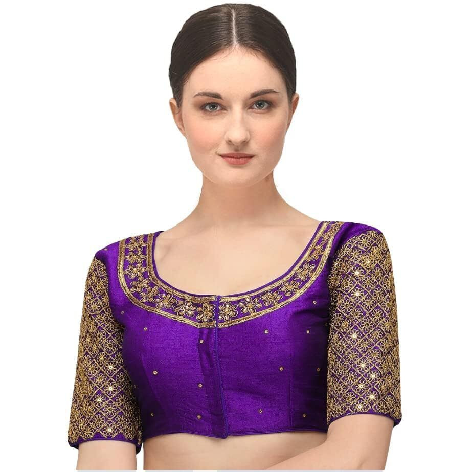 Pujia Mills Women's Embroidery Handwork Sequence Work Necklace Design Readymade Blouse (Purple, 34)
