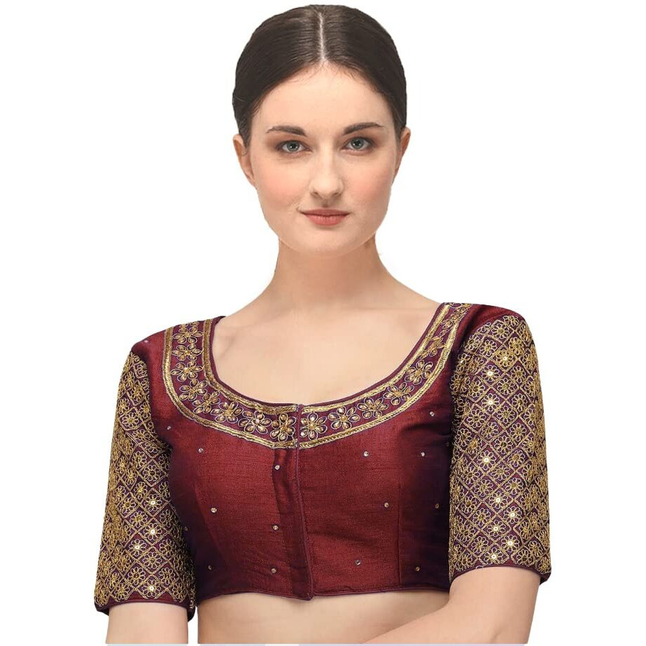 Pujia Mills Women's Embroidery Handwork Sequence Work Necklace Design Readymade Blouse (Marun, 32)