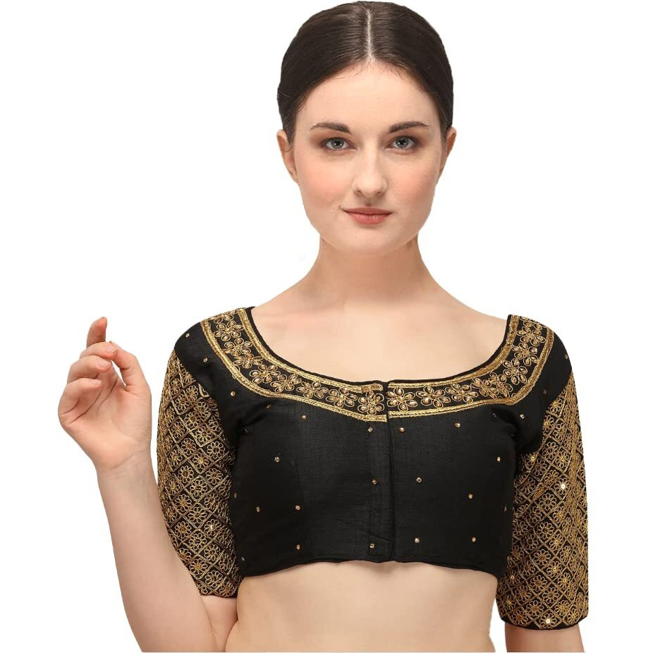 Pujia Mills Women's Embroidery Handwork Sequence Work Necklace Design Readymade Blouse (Black, 34)