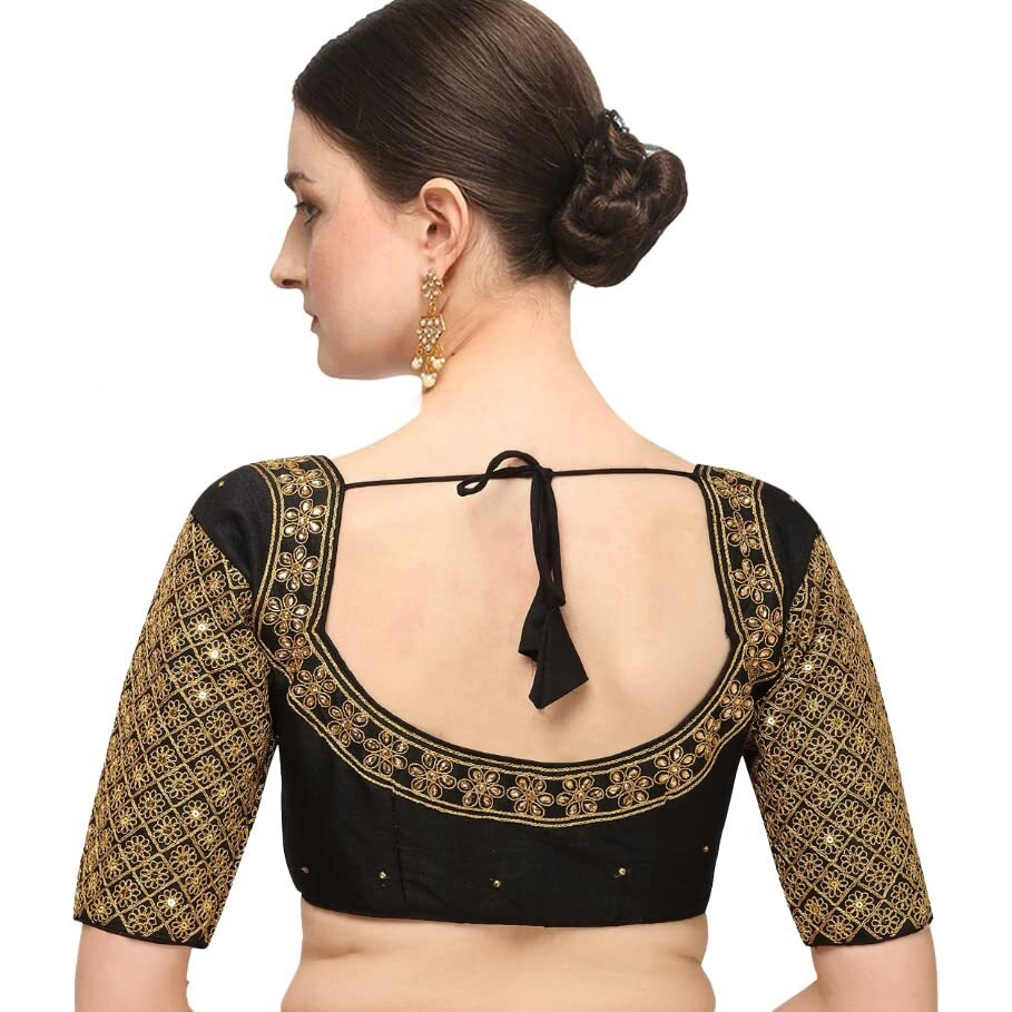 Pujia Mills Women's Embroidery Handwork Sequence Work Necklace Design Readymade Blouse (Black, 34)