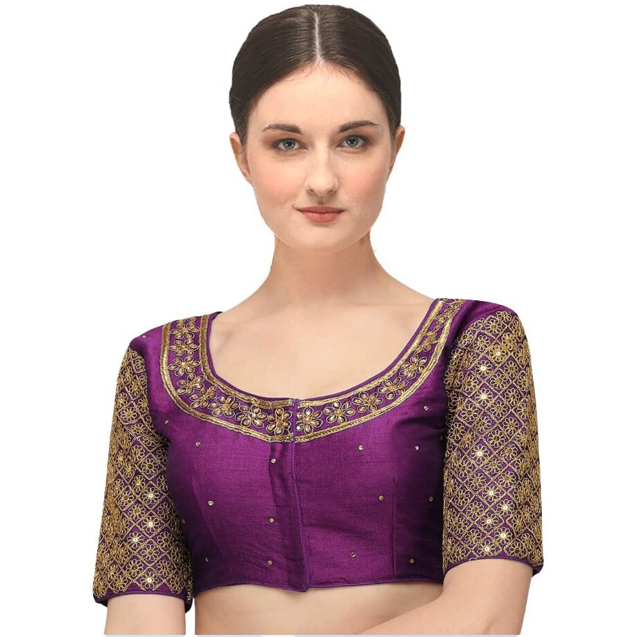 Pujia Mills Women's Embroidery Handwork Sequence Work Necklace Design Readymade Blouse (Violet, 32)