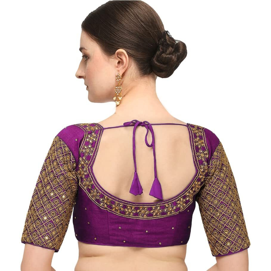 Pujia Mills Women's Embroidery Handwork Sequence Work Necklace Design Readymade Blouse (Violet, 32)