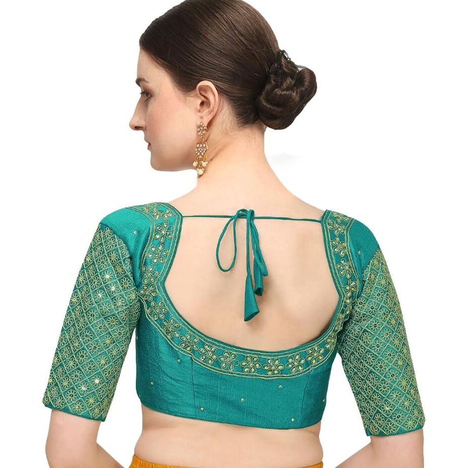 Pujia Mills Women's Embroidery Handwork Sequence Work Necklace Design Readymade Blouse (Rama, 34)