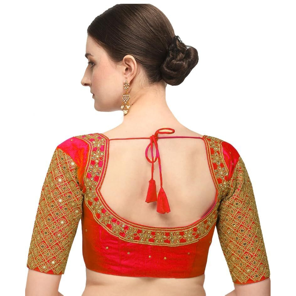Pujia Mills Women's Embroidery Handwork Sequence Work Necklace Design Readymade Blouse (Red, 36)