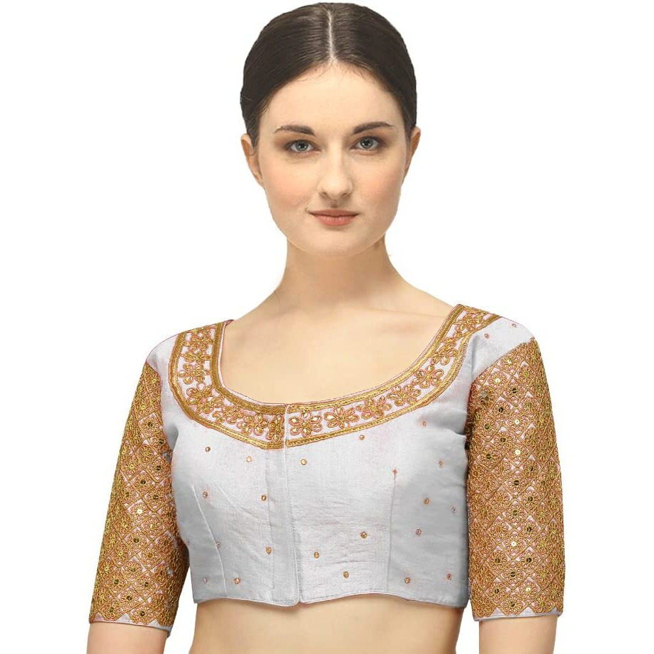 Pujia Mills Women's Embroidery Handwork Sequence Work Necklace Design Readymade Blouse (White, 36)