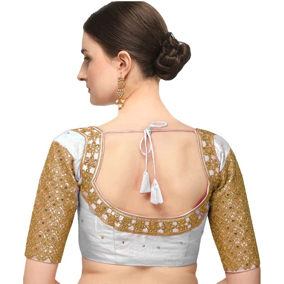 Pujia Mills Women's Embroidery Handwork Sequence Work Necklace Design Readymade Blouse (White, 36)