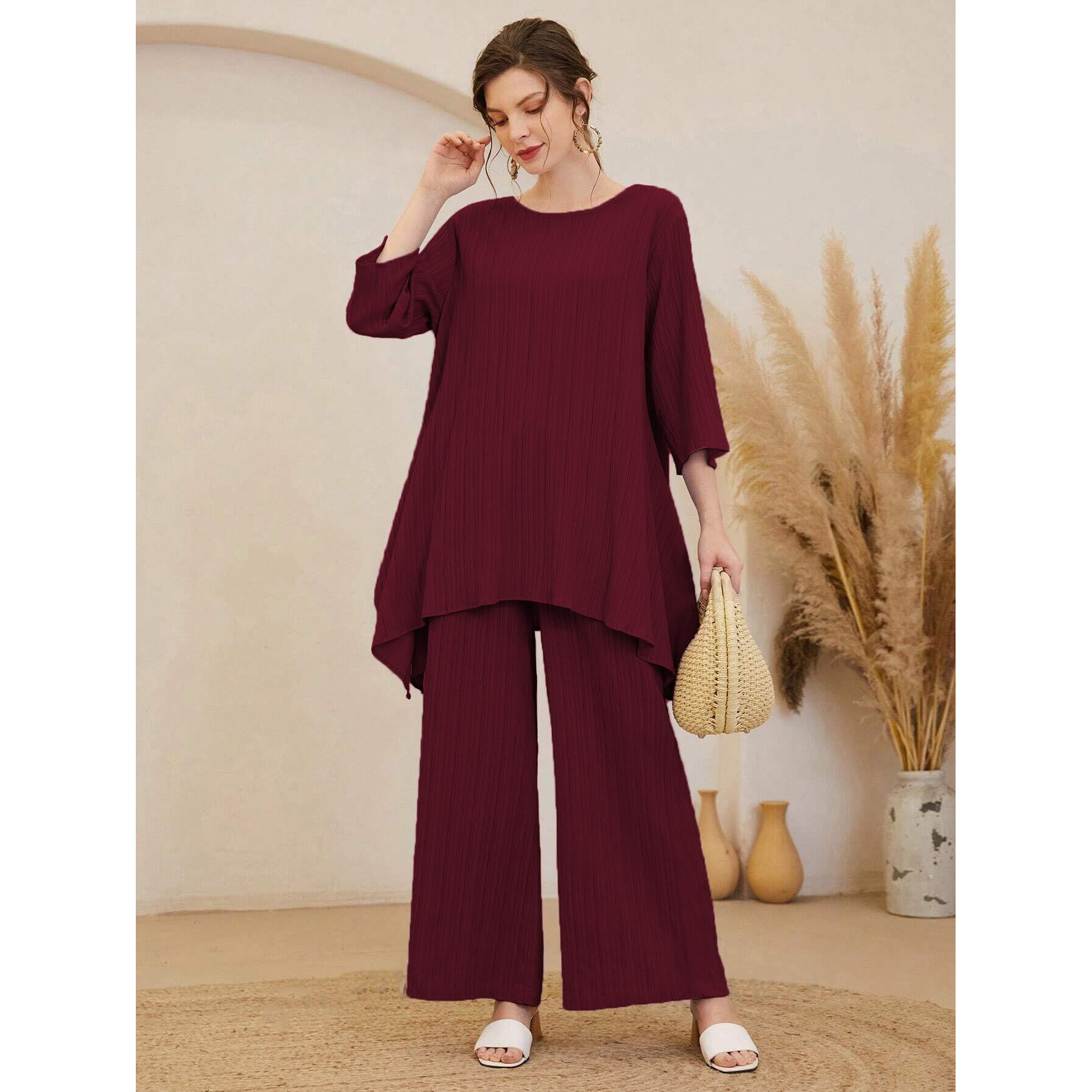 TADKEE Women's Solid Color Round Neck 3/4 Sleeve Co-ord Set | Casual Wear Co ord Set | Kurta Set for Women (FN-Round-Sugar-Cord-124-Maroon-S)