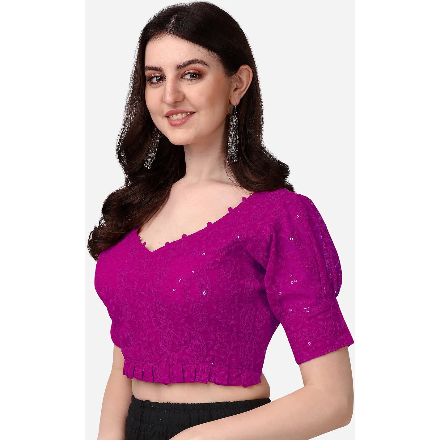 Pujia Mills Women's Georgett Lucknowi Embroidery Puff Sleeve Tie UP Blouse (Lucknowi Tie) (Dark Pink, 36)