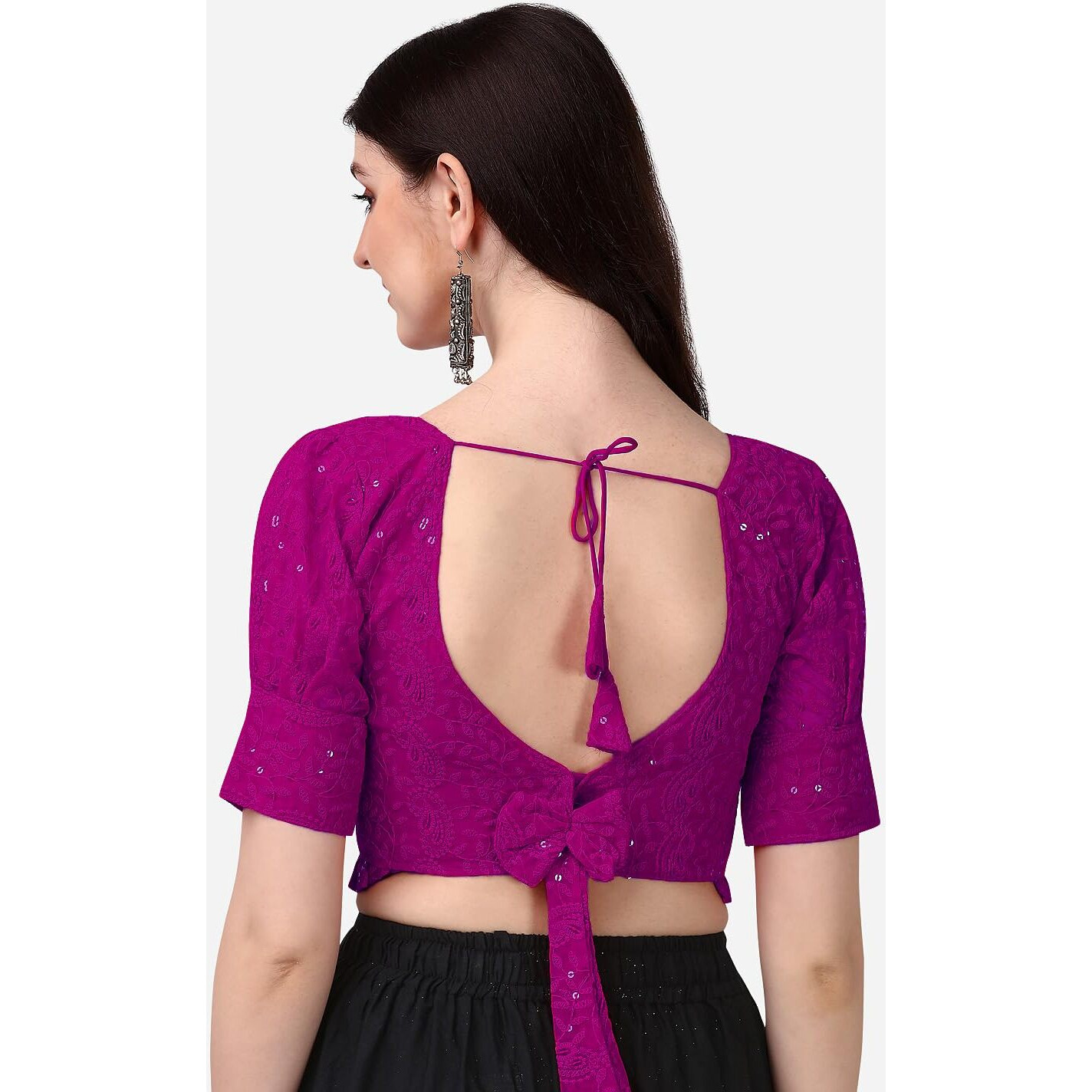 Pujia Mills Women's Georgett Lucknowi Embroidery Puff Sleeve Tie UP Blouse (Lucknowi Tie) (Dark Pink, 36)