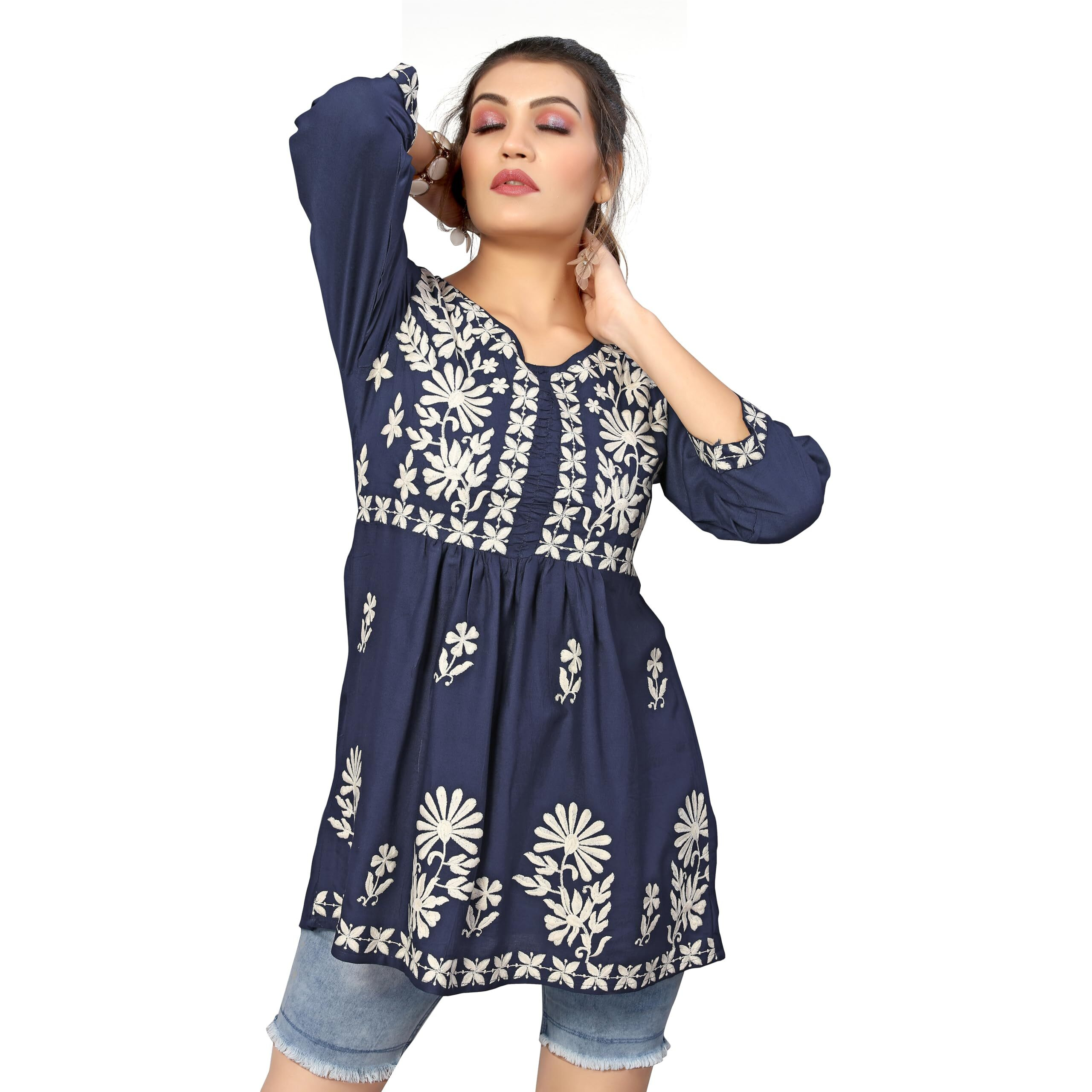 Bee M Pee Designer Short Kurti Tops for Jeans for Women I Chikankari Rayon Cotton Long Kurta Kurti for Women I Stylish wear Kurti top for Girls
