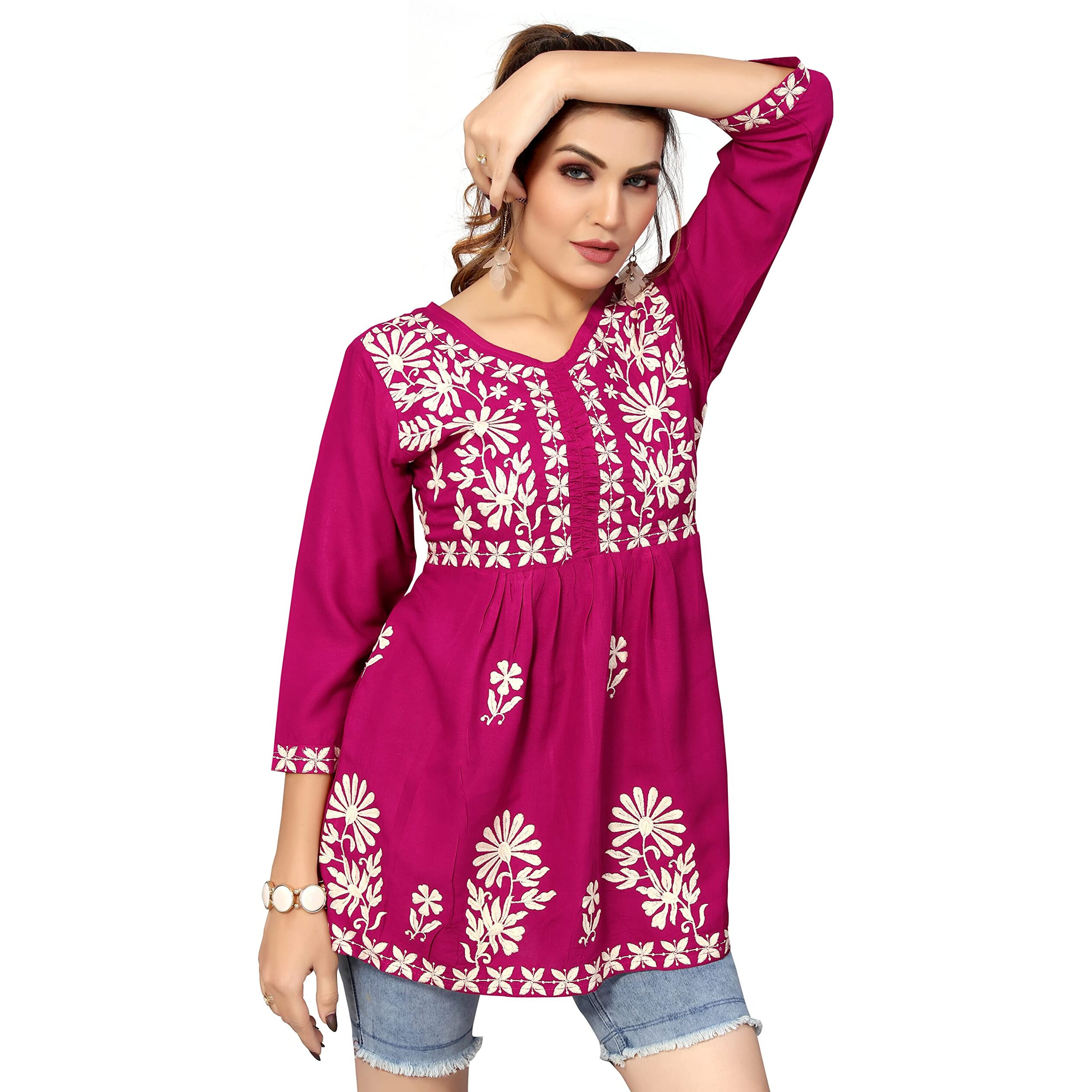Bee M Pee Designer Women's Cotton Blend Empire Embroidered Short Kurta (RD Kurti Tokio Rani Pink_M-New_Pink_Medium)