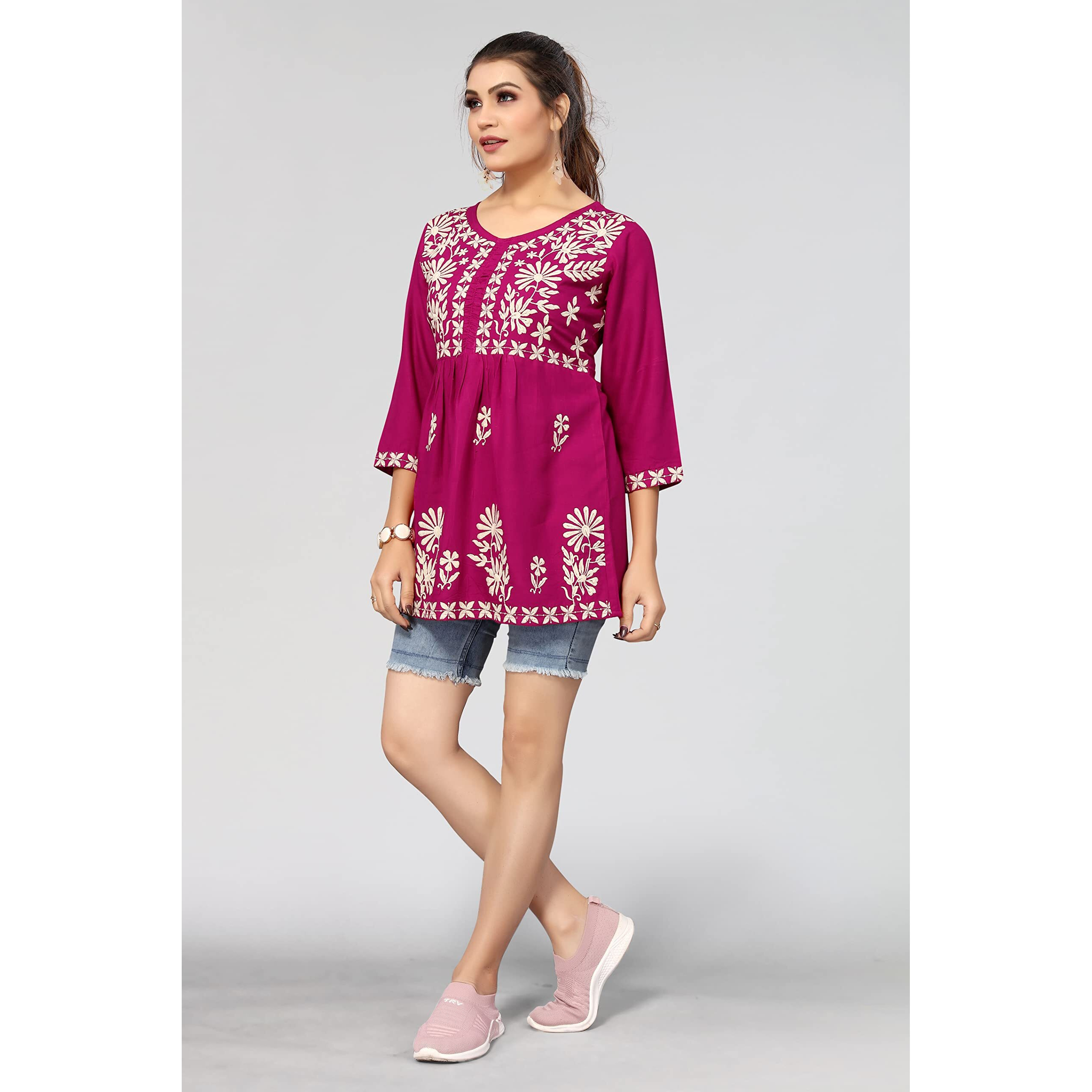 Bee M Pee Designer Women's Cotton Blend Empire Embroidered Short Kurta (RD Kurti Tokio Rani Pink_M-New_Pink_Medium)