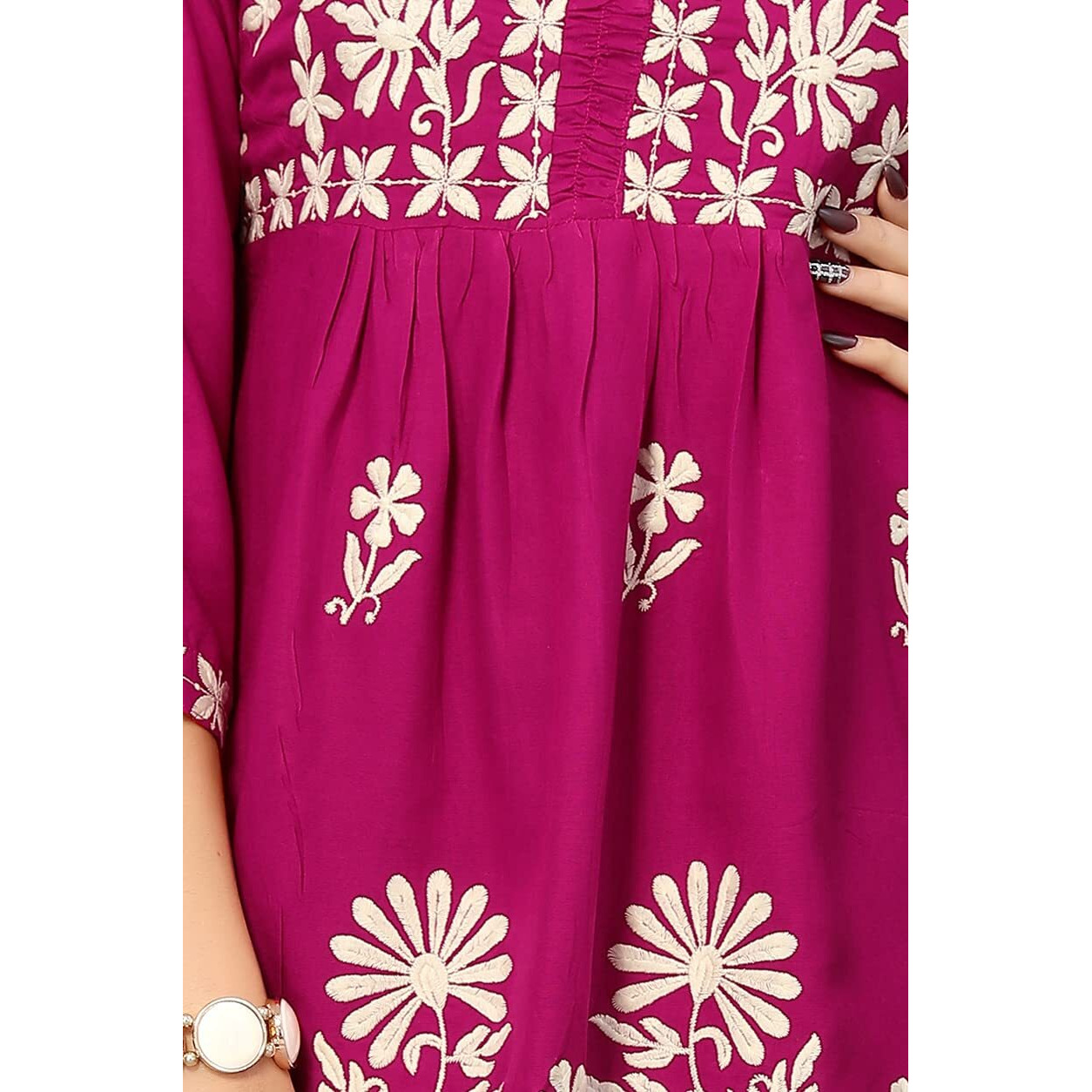 Bee M Pee Designer Women's Cotton Blend Empire Embroidered Short Kurta (RD Kurti Tokio Rani Pink_M-New_Pink_Medium)