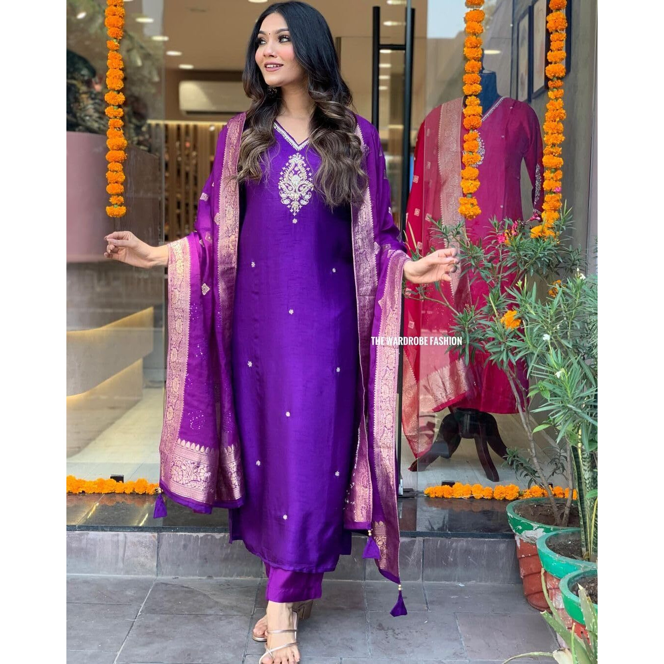 GoSriKi Women's Silk Blend Straight Embroidered Kurta with Pant & Dupatta (Premium Begani-GS_S_Begani_Small)