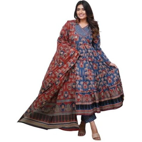 GRECIILOOKS Women's Rayon Anarkali Printed V- Neck Kurta With Palazzo & Dupatta | Ethnic Set | Dupatta Set | Suit Set | Kurta And Pant Set (IN, Alpha, L, Regular, BLUE)