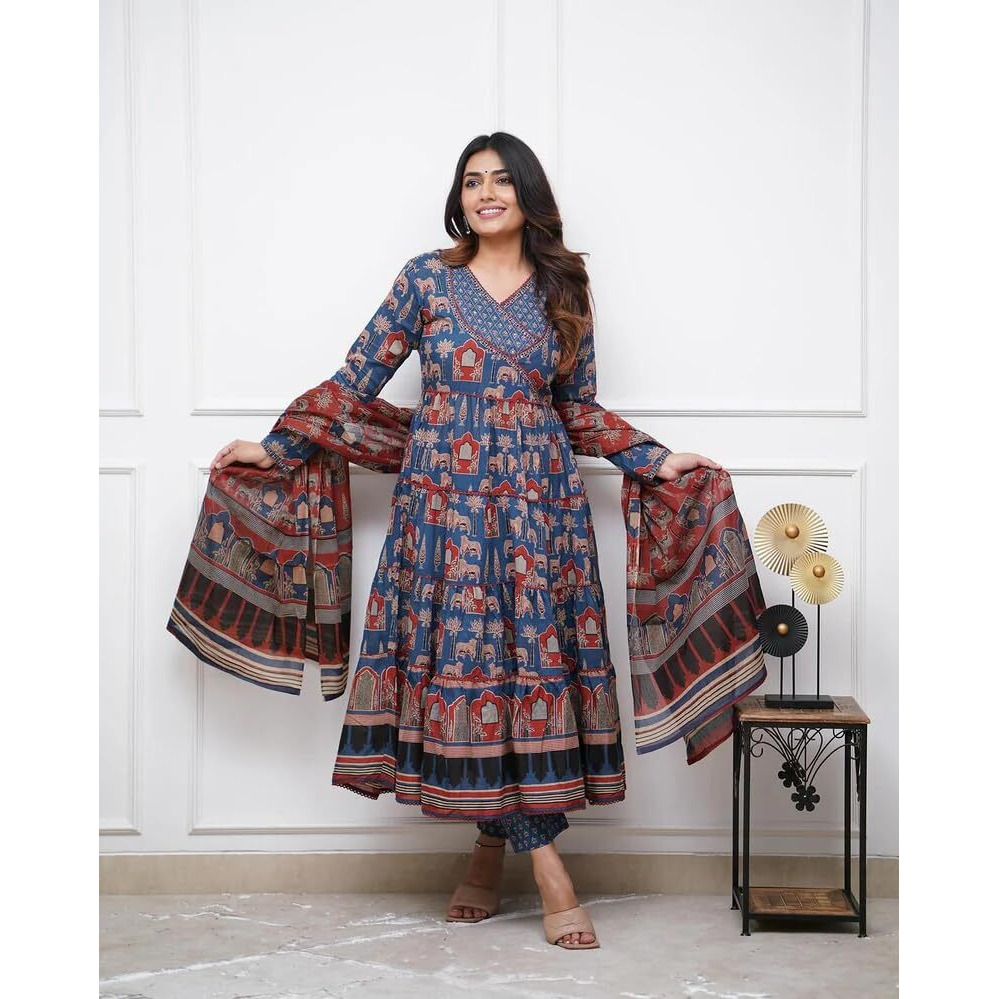 GRECIILOOKS Women's Rayon Anarkali Printed V- Neck Kurta With Palazzo & Dupatta | Ethnic Set | Dupatta Set | Suit Set | Kurta And Pant Set (IN, Alpha, L, Regular, BLUE)