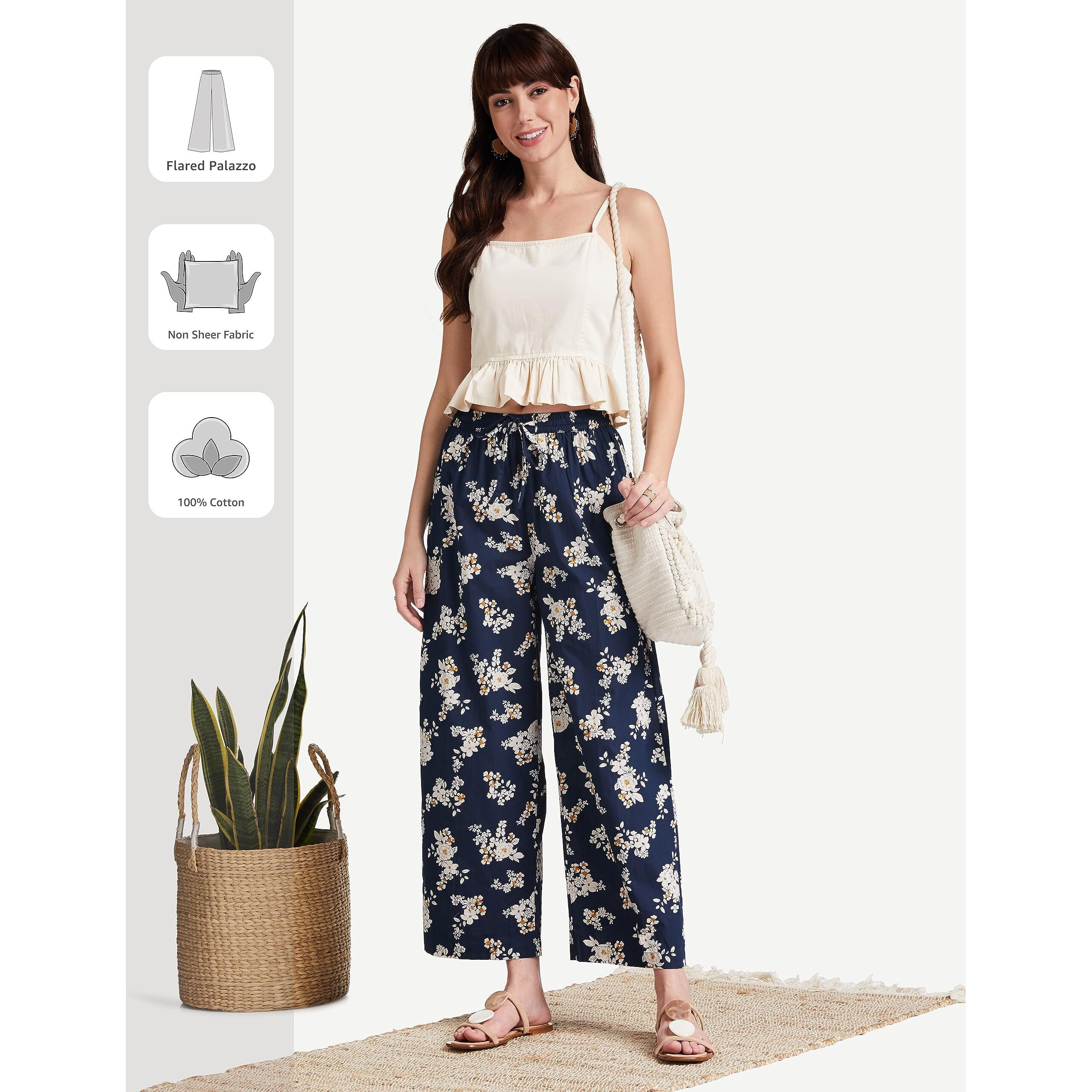 Amazon Brand - Myx Women's Loose Fit Cotton Palazzo (PAG224_Navy Floral_XXXX-Large_Navy Blue_4XL)