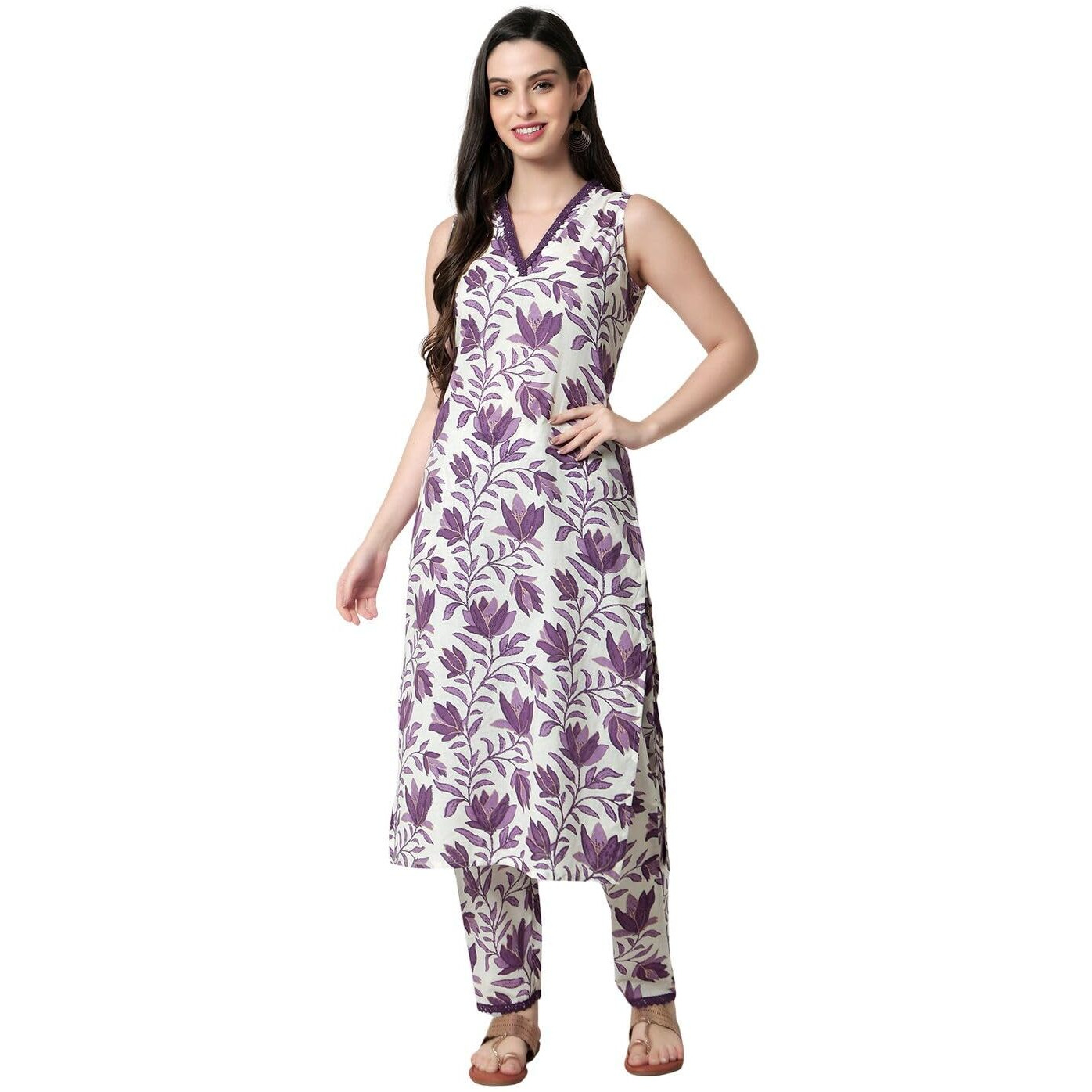 rytras Women's Cotton Printed Straight Kurta and Pant Set(Purple,M)