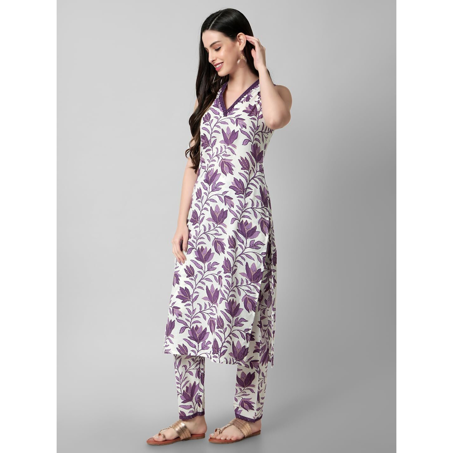 rytras Women's Cotton Printed Straight Kurta and Pant Set(Purple,M)