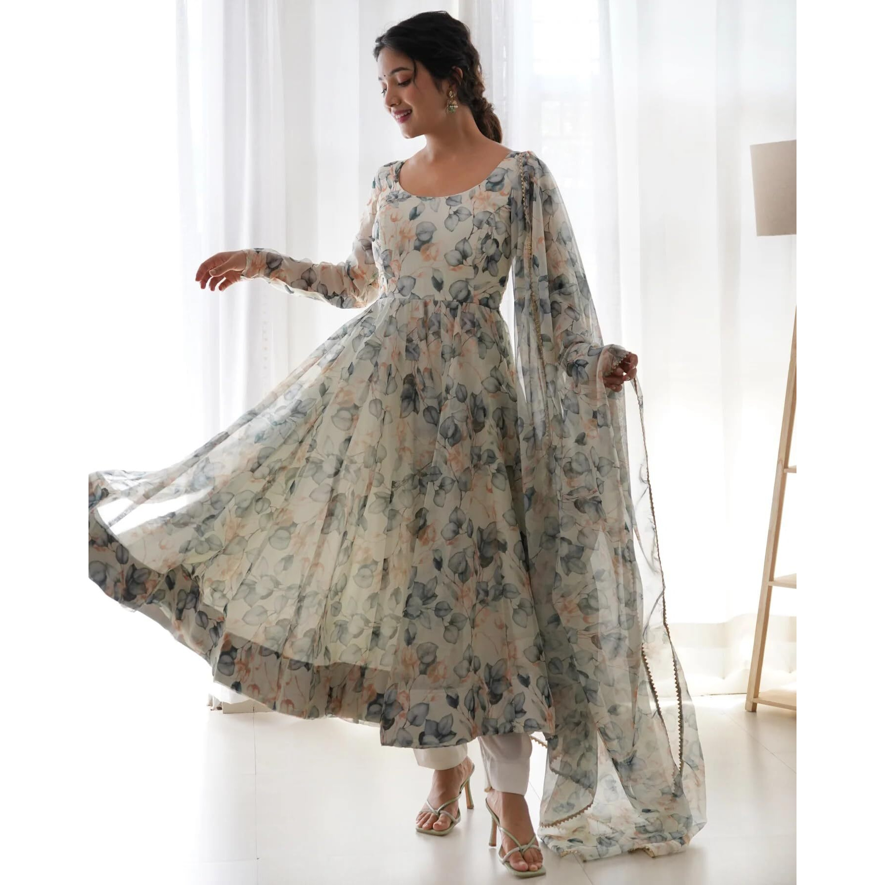 Wedani Women Floral Print Anarkali Kurta with Pant and Duptta (Large, White-Beige)