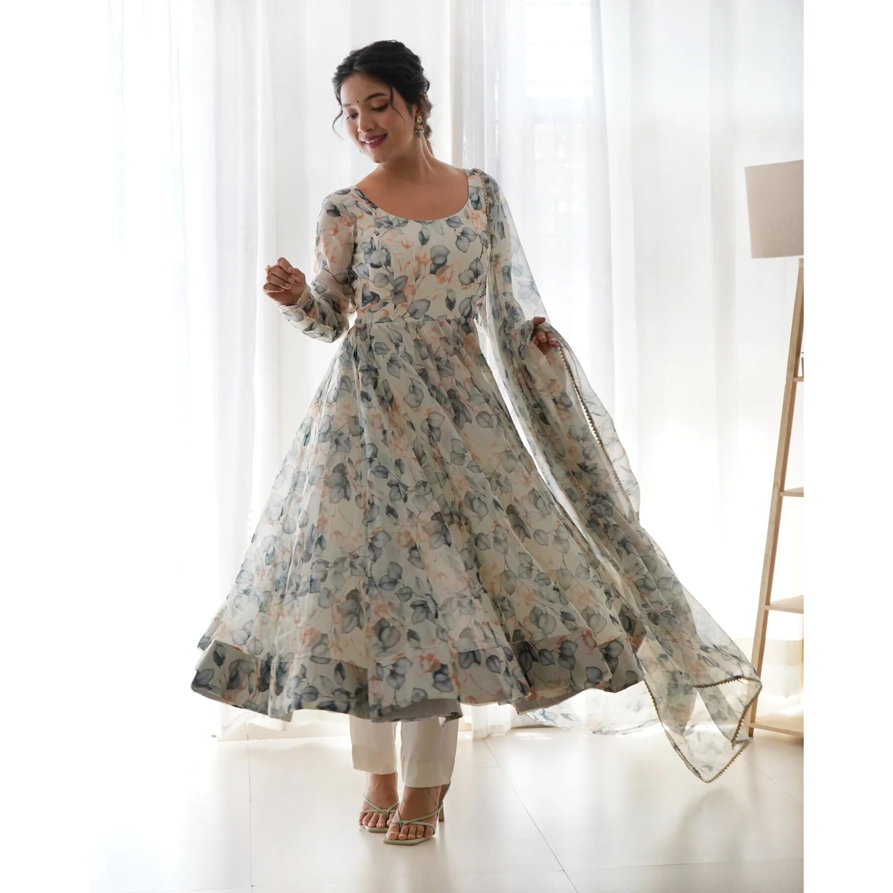 Wedani Women Floral Print Anarkali Kurta with Pant and Duptta (Large, White-Beige)