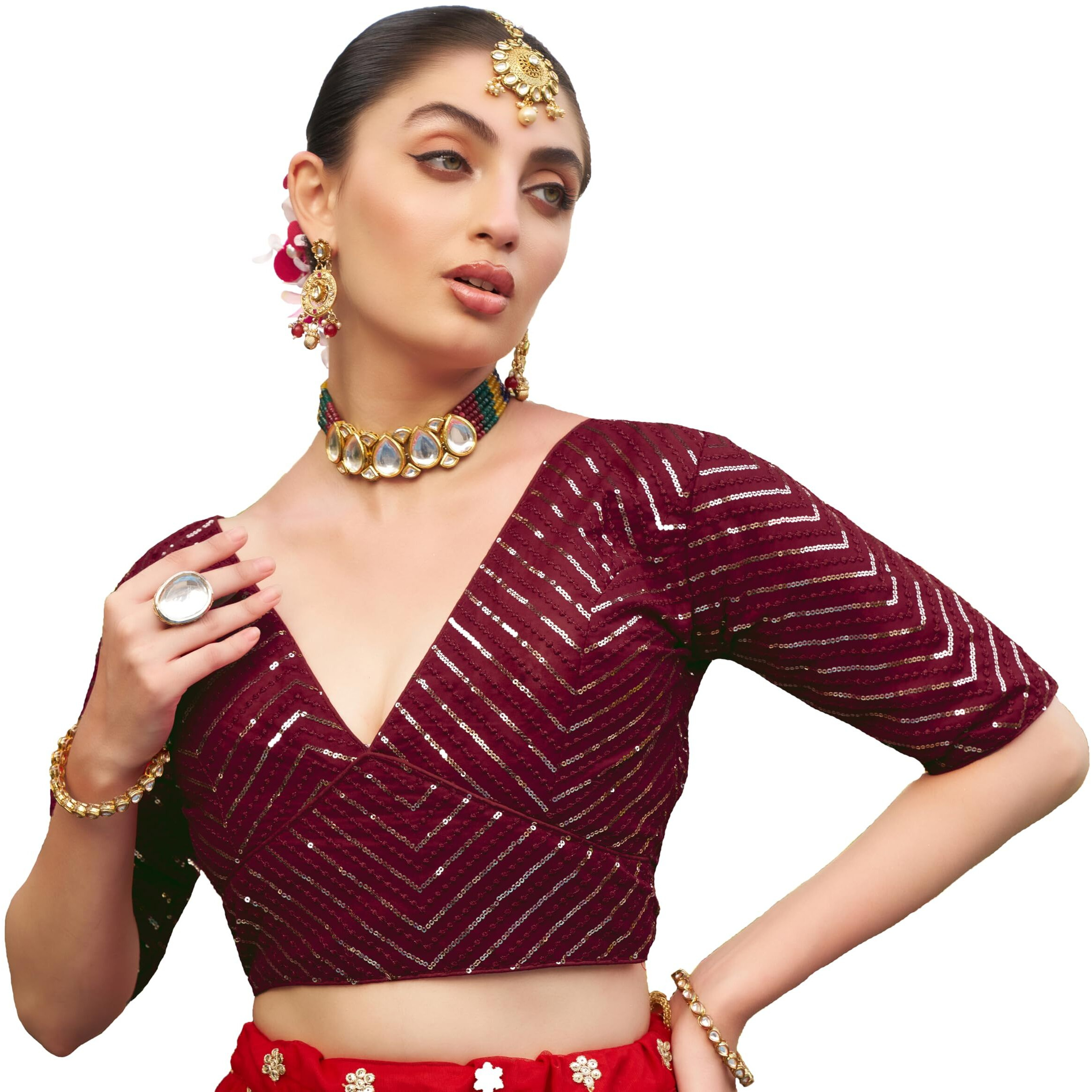 Pujia Mills Womens Fancy Readymade Half Sleeve Sequins Saree Blouse (Maroon, 32)
