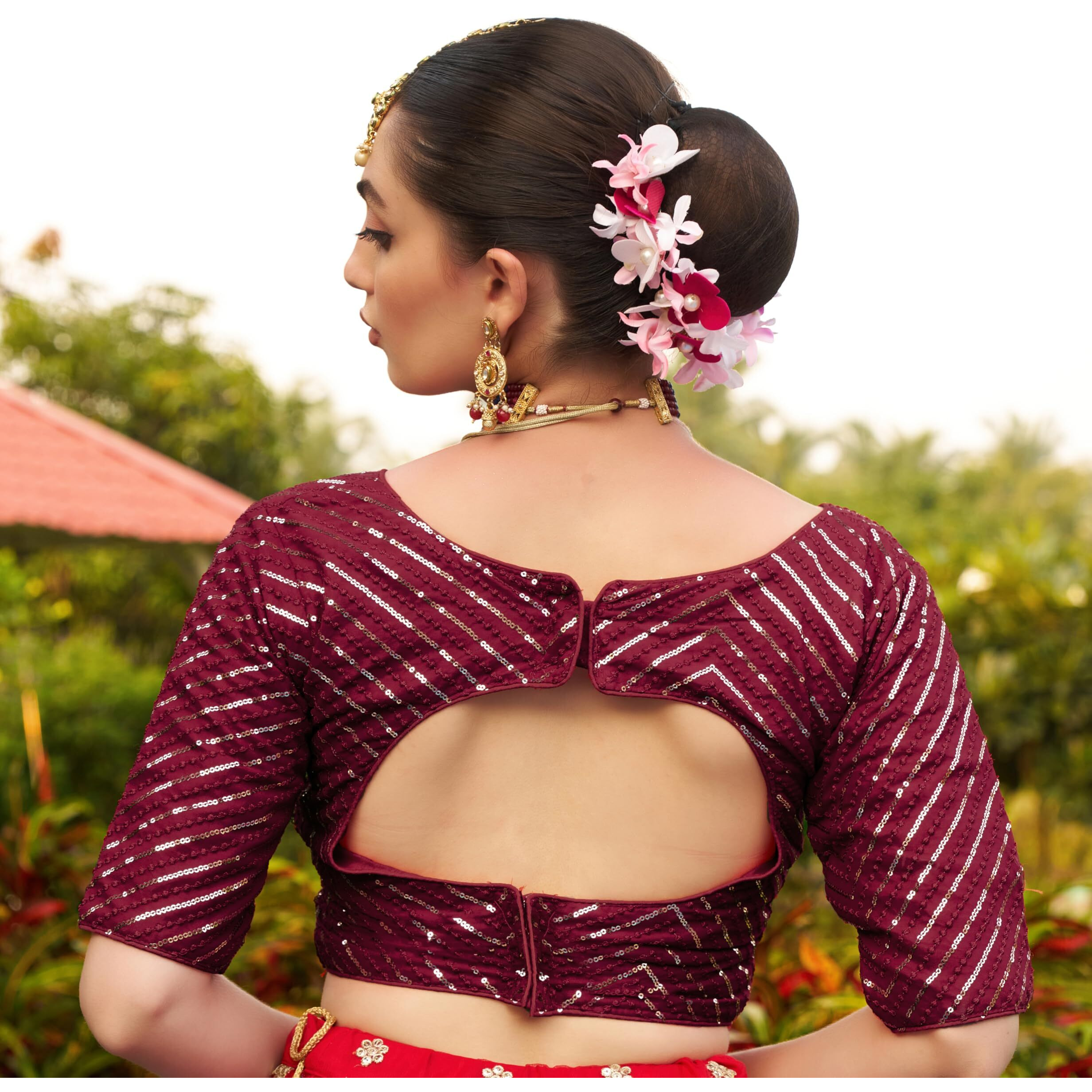 Pujia Mills Womens Fancy Readymade Half Sleeve Sequins Saree Blouse (Maroon, 32)