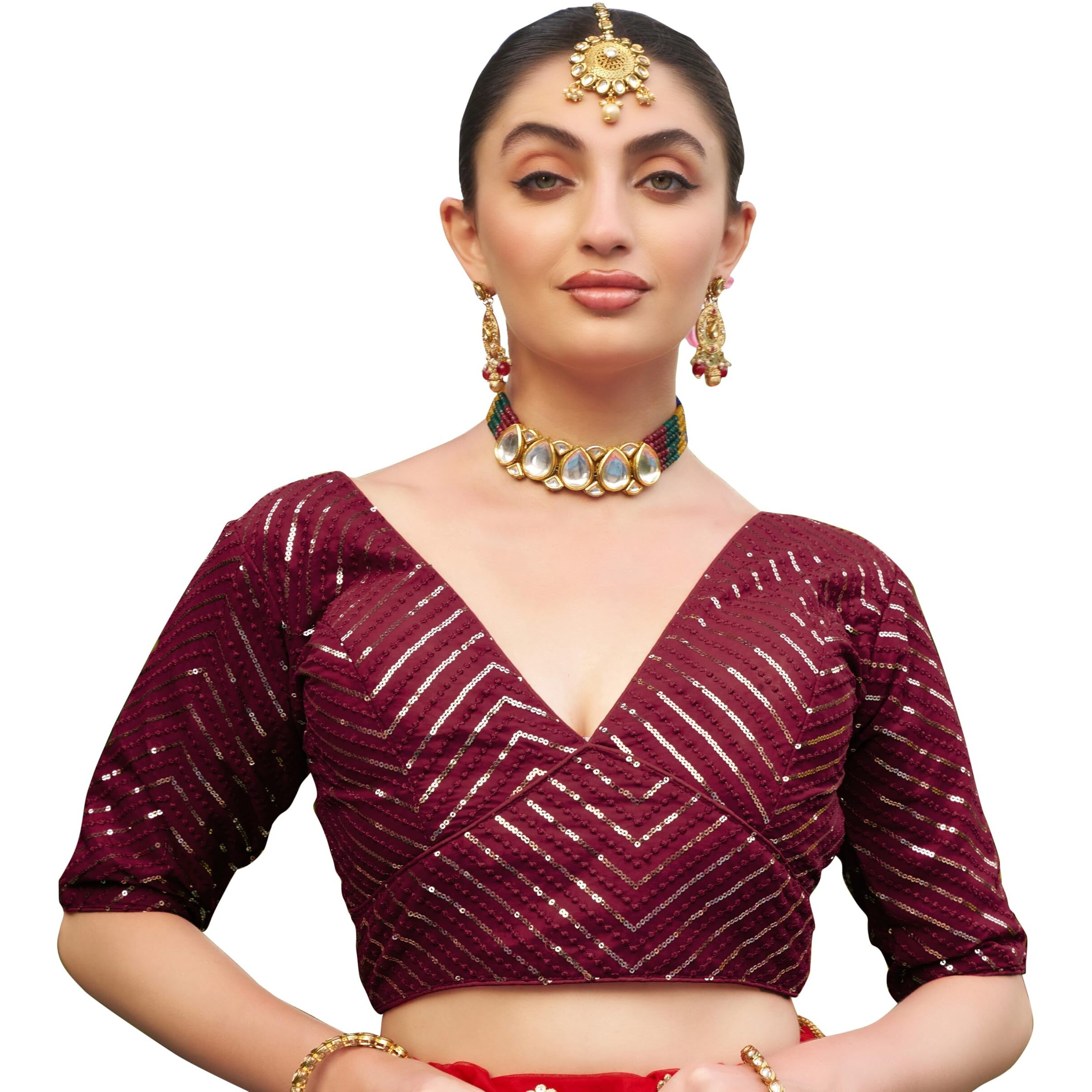 Pujia Mills Womens Fancy Readymade Half Sleeve Sequins Saree Blouse (Maroon, 32)