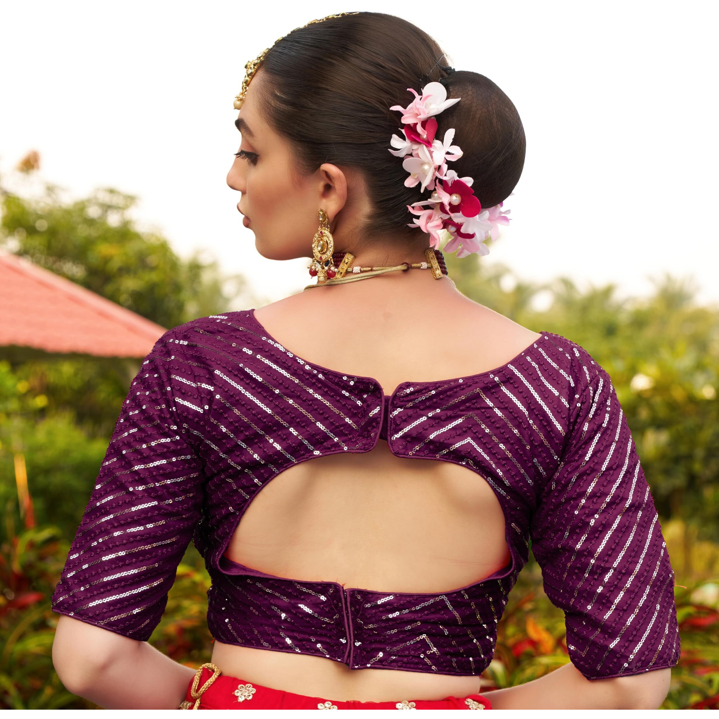 Pujia Mills Womens Fancy Readymade Half Sleeve Sequins Saree Blouse (Wine, 34)