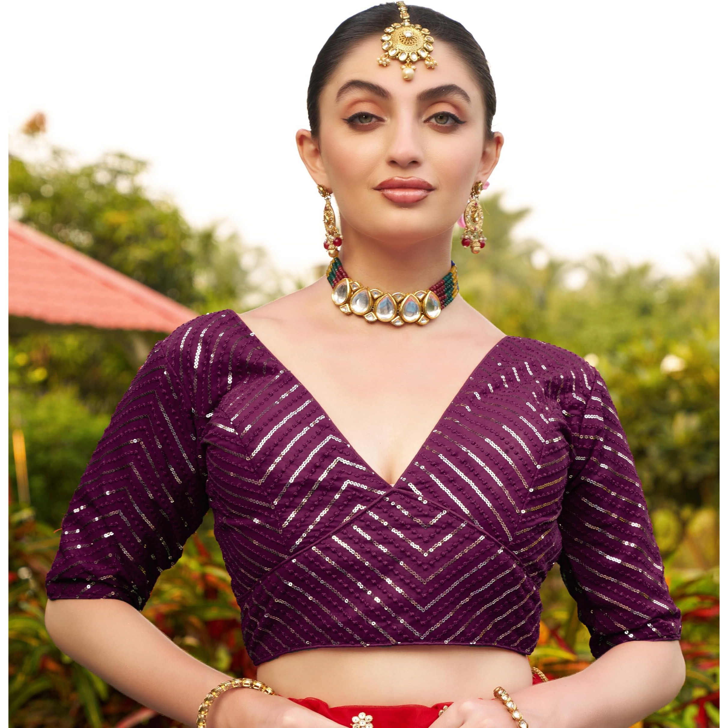 Pujia Mills Womens Fancy Readymade Half Sleeve Sequins Saree Blouse (Wine, 34)