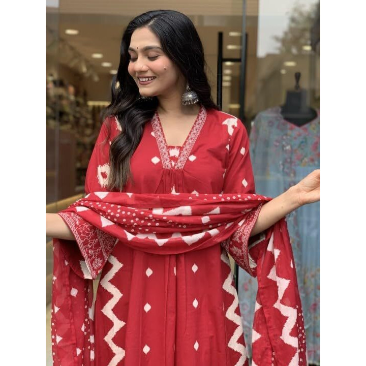 KLOSIA Viscose Women Printed A-Line Kurta Pant With Dupatta (Red, XL)