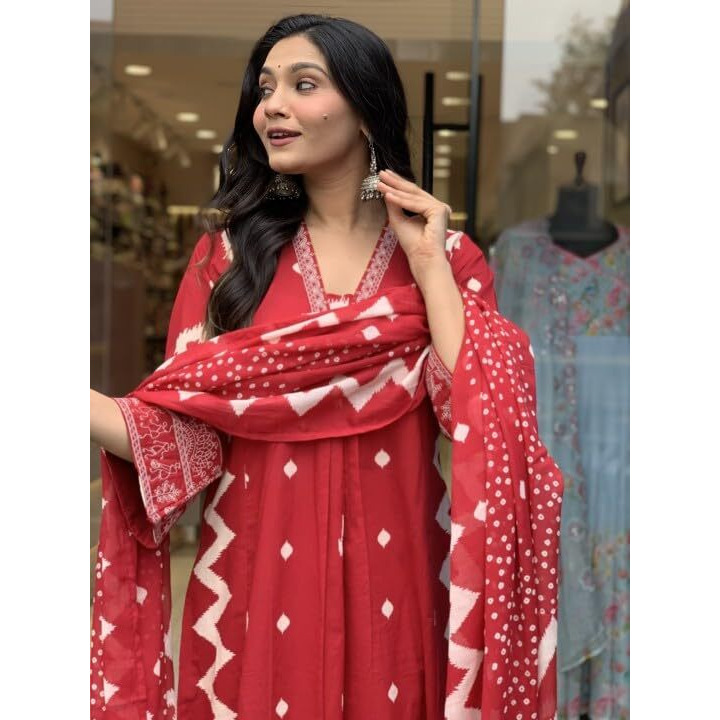 KLOSIA Viscose Women Printed A-Line Kurta Pant With Dupatta (Red, XL)