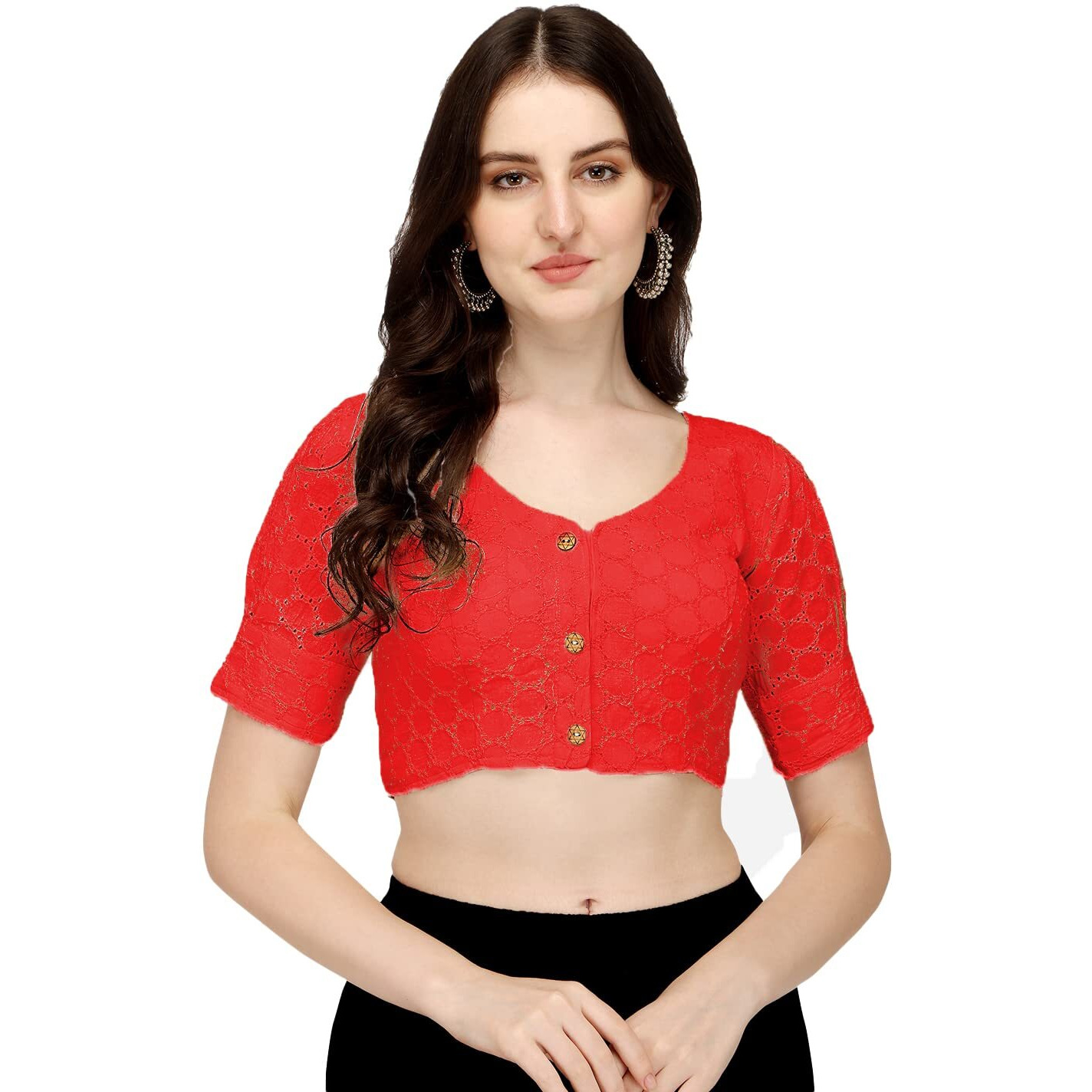 Pujia Mills Women's Cotton Solid Half Sleeve Blouse (Hakoba White_Red_38)
