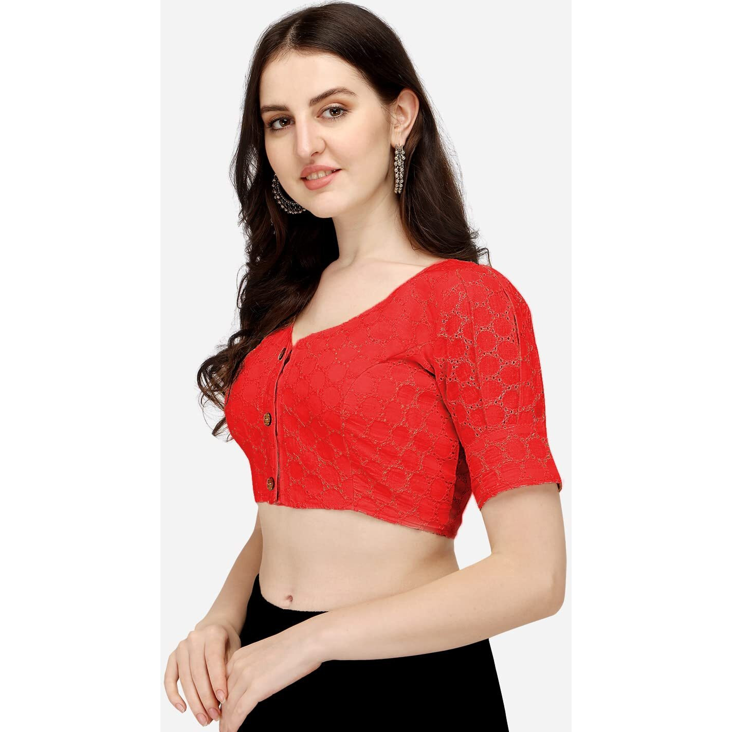 Pujia Mills Women's Cotton Solid Half Sleeve Blouse (Hakoba White_Red_38)