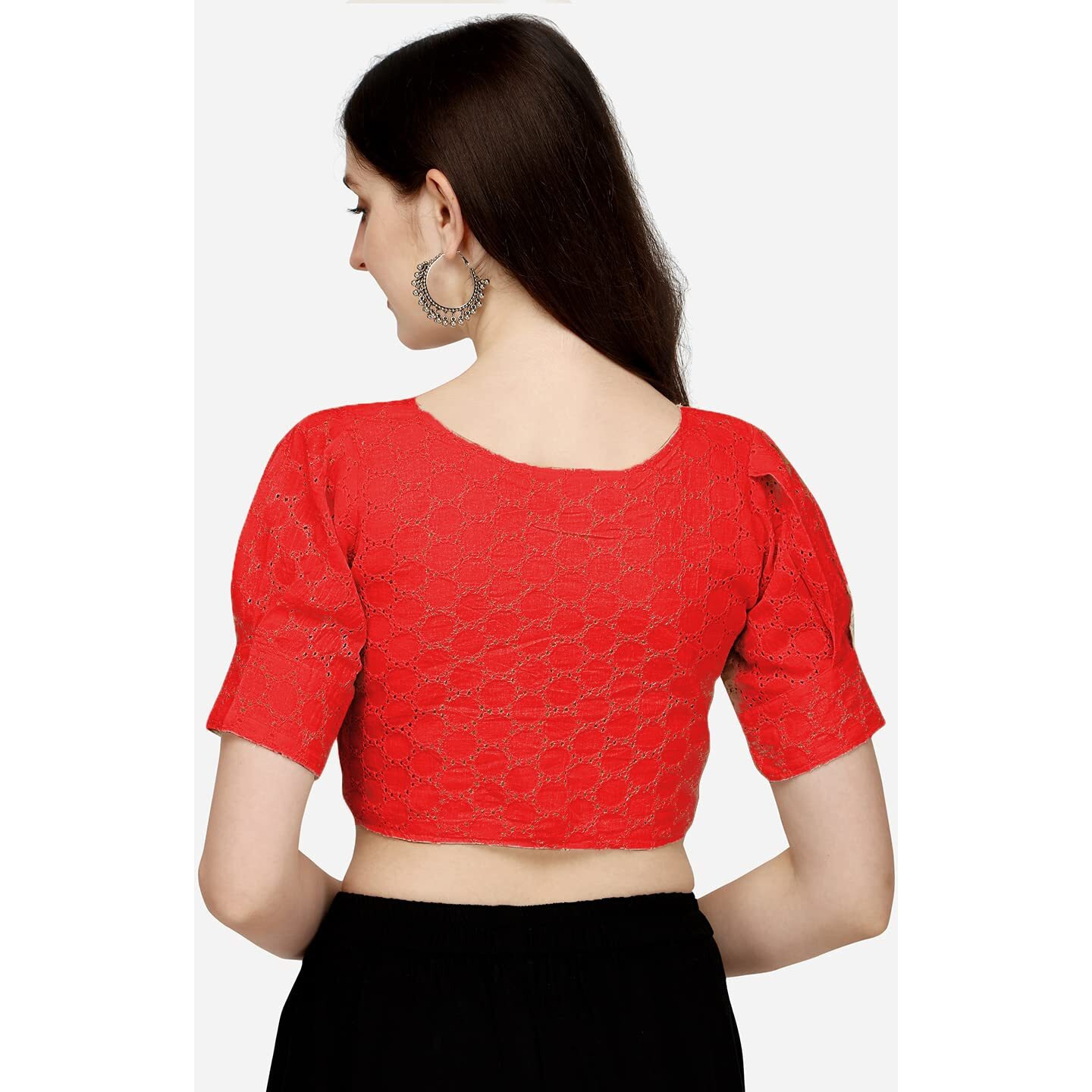 Pujia Mills Women's Cotton Solid Half Sleeve Blouse (Hakoba White_Red_38)