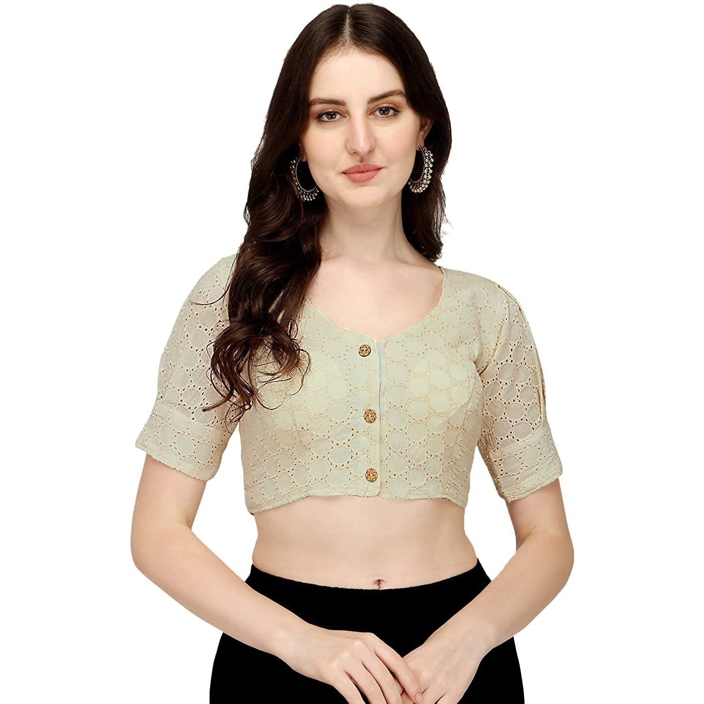 Pujia Mills Women's Cotton Solid Half Sleeve Blouse (Hakoba White_Dusty White_38)