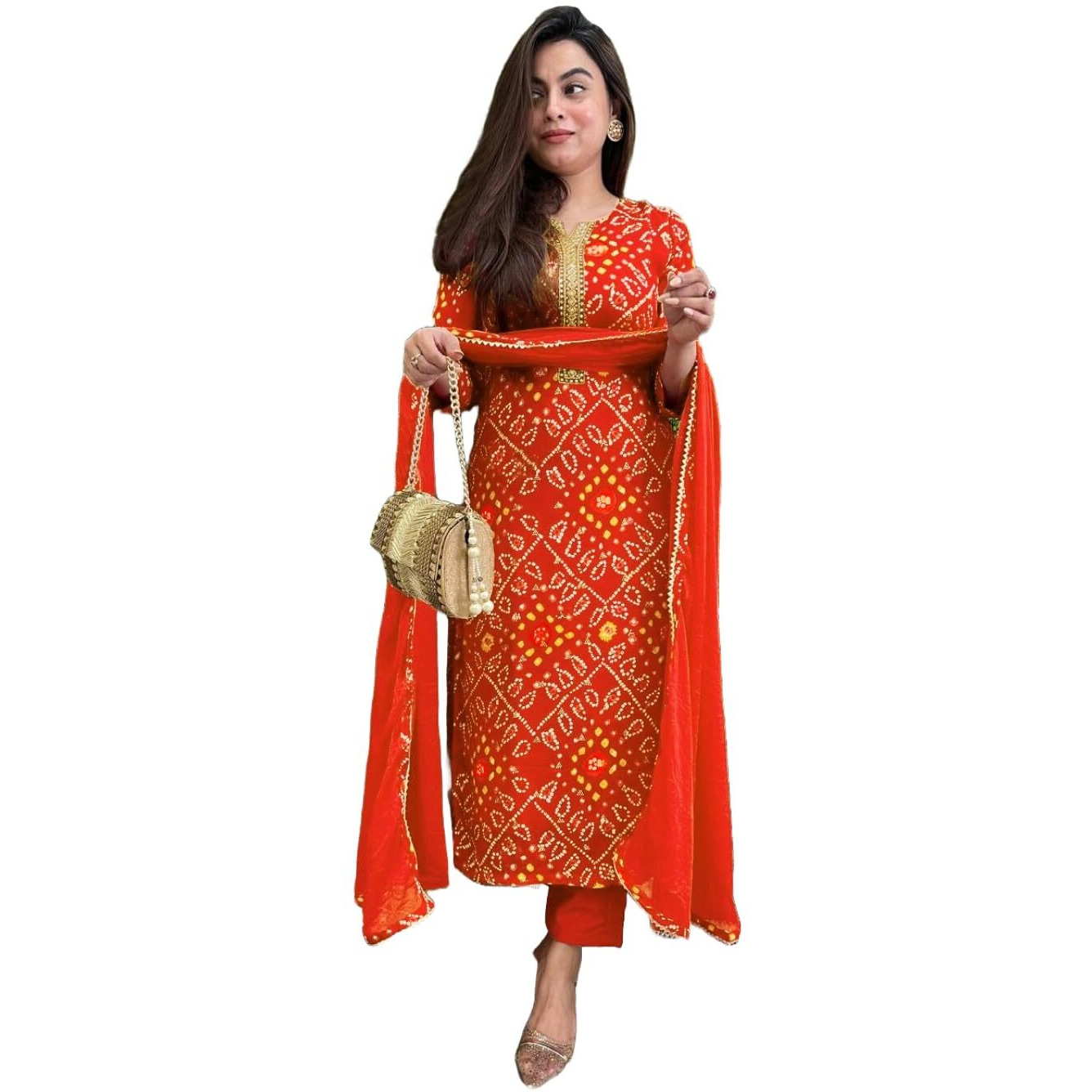 ANNI DESIGNER Women's Rayon Blend Straight Bandhej Printed Kurta with Pant & Dupatta (Turae Orange_XL_Orange_X-Large)