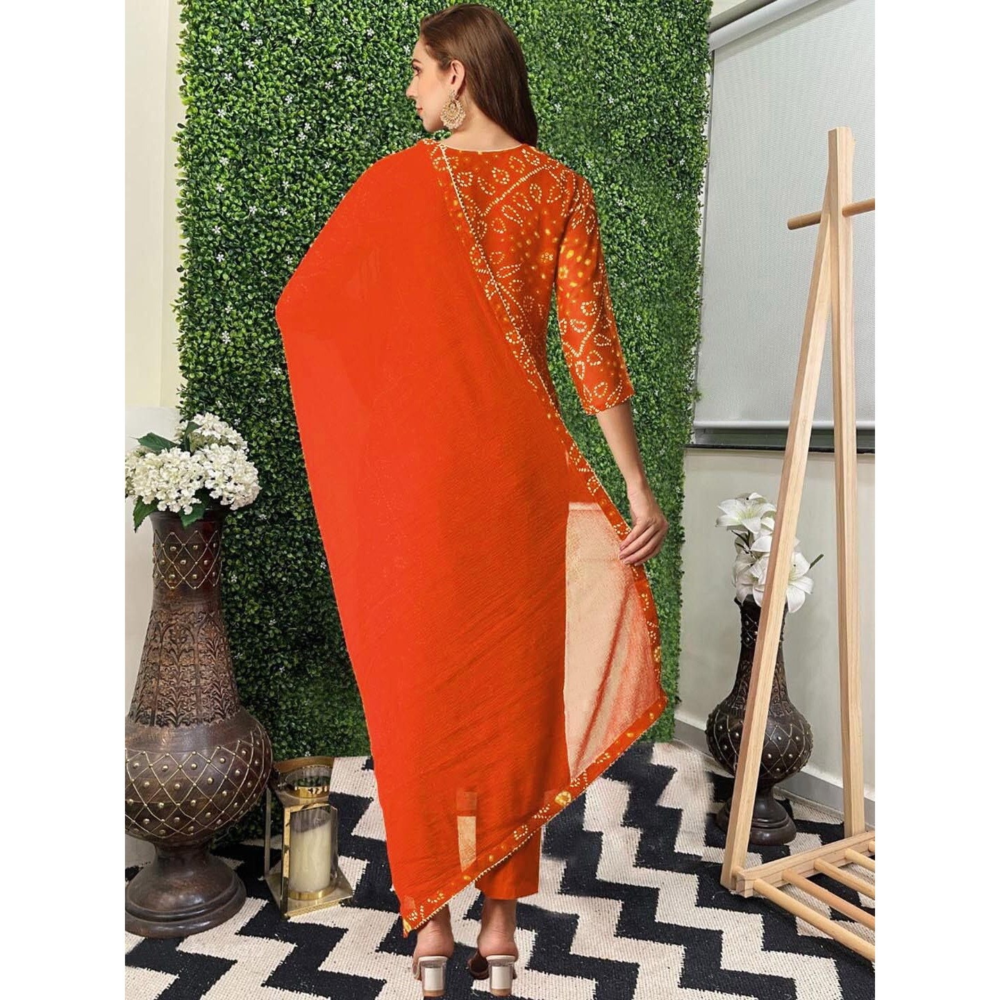 ANNI DESIGNER Women's Rayon Blend Straight Bandhej Printed Kurta with Pant & Dupatta (Turae Orange_XL_Orange_X-Large)