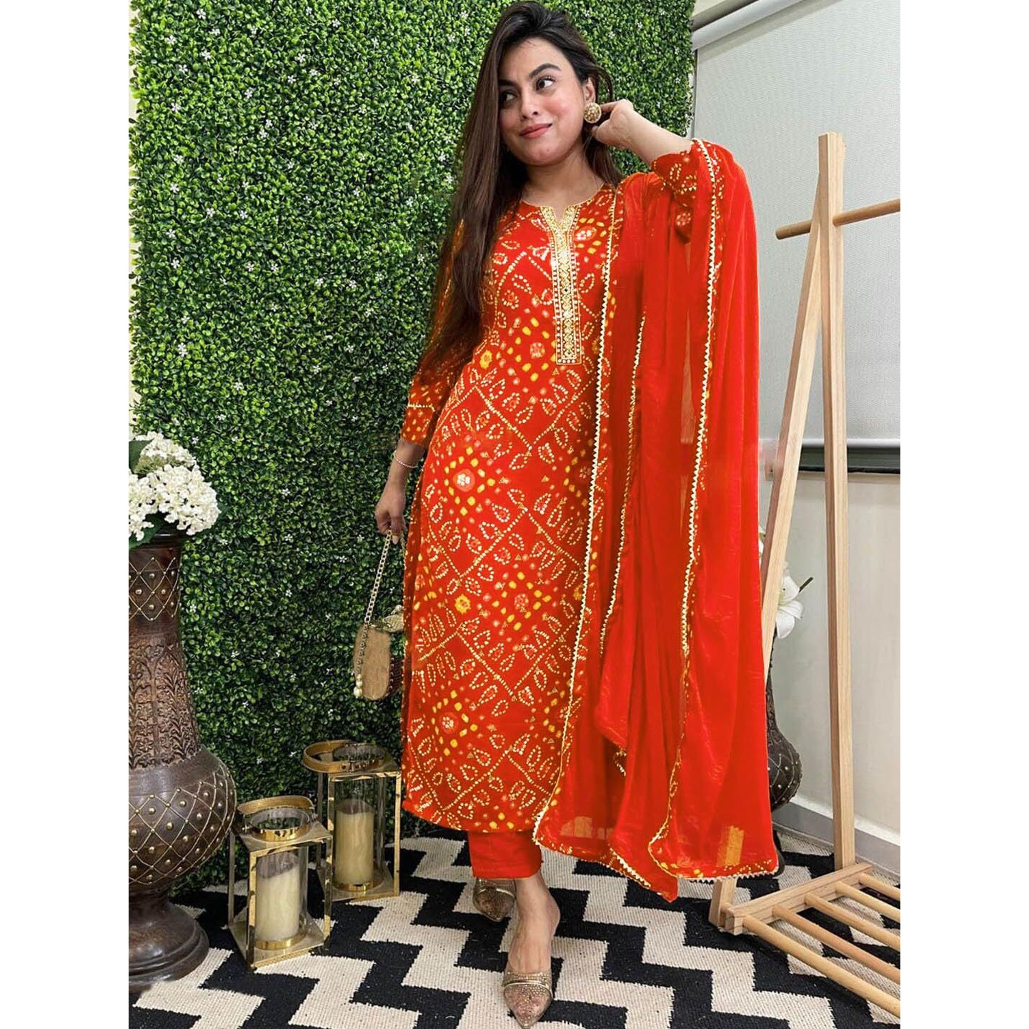ANNI DESIGNER Women's Rayon Blend Straight Bandhej Printed Kurta with Pant & Dupatta (Turae Orange_XL_Orange_X-Large)