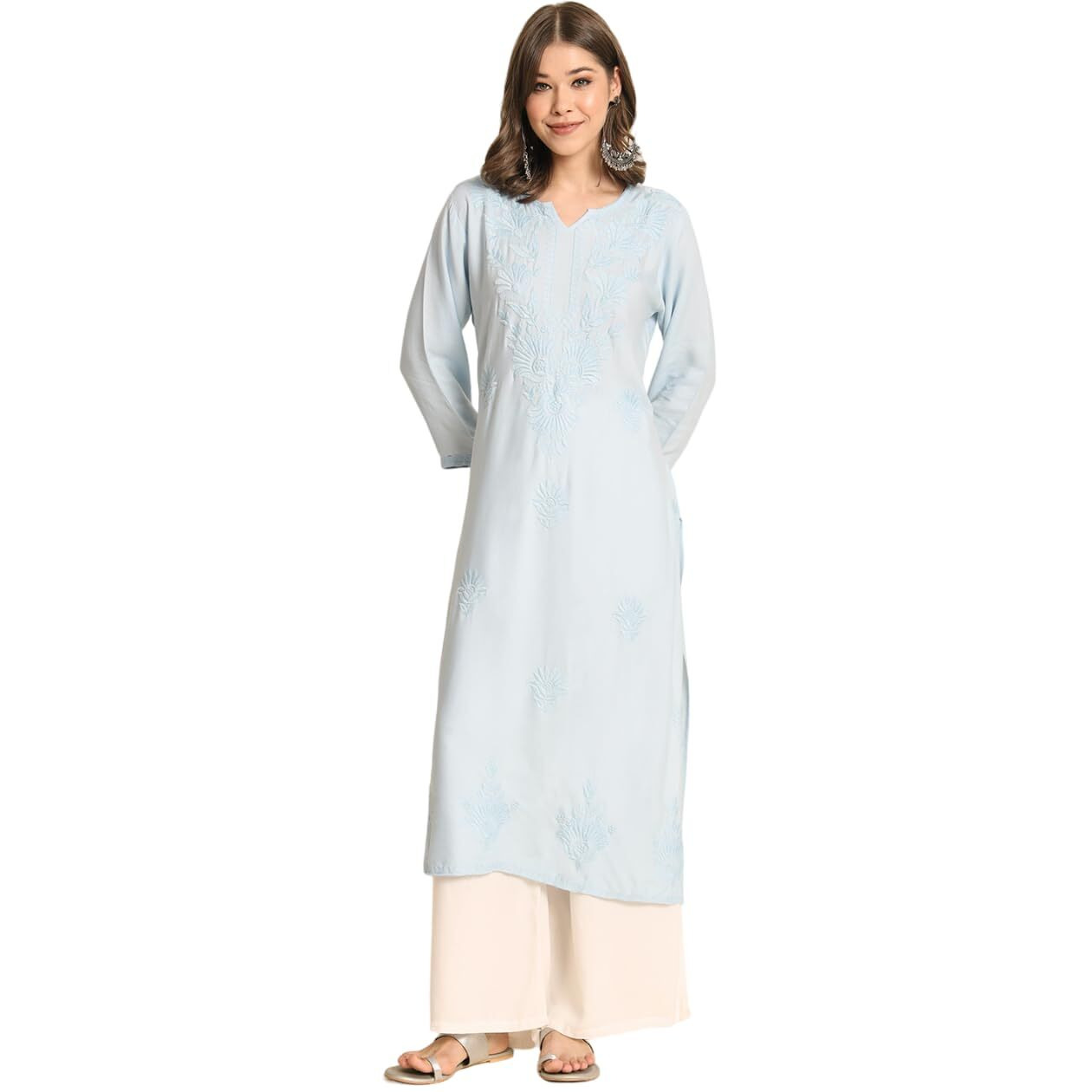 VAIRAGEE Women's Rayon Straight Cut Round Neck Kurta with Beautiful Lucknowi Chickenkari Work (1593) Sky
