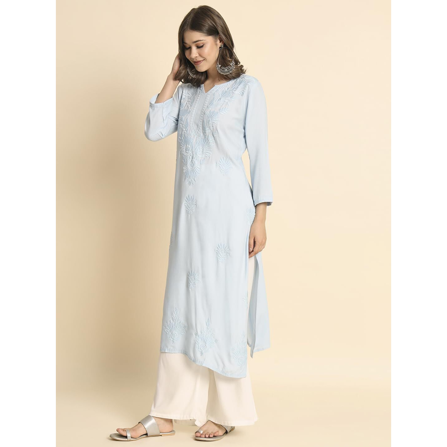 VAIRAGEE Women's Rayon Straight Cut Round Neck Kurta with Beautiful Lucknowi Chickenkari Work (1593) Sky