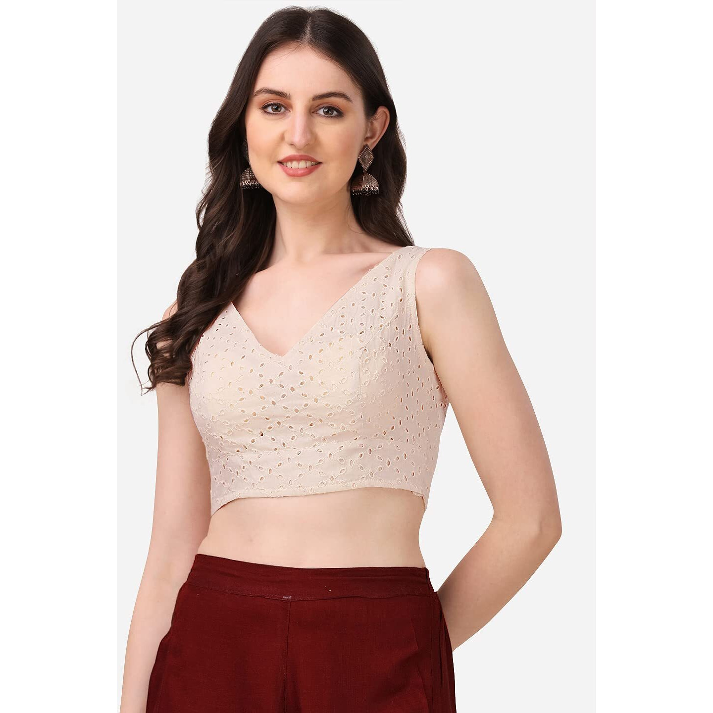 OOMPH Women's Indian Ethnic Wear Designer Leaf Pattern V Neck Sleeveless Cotton White Blouse for Saree or Lehnga and BlousePalazzos or Skirts for a Fusion Twist.