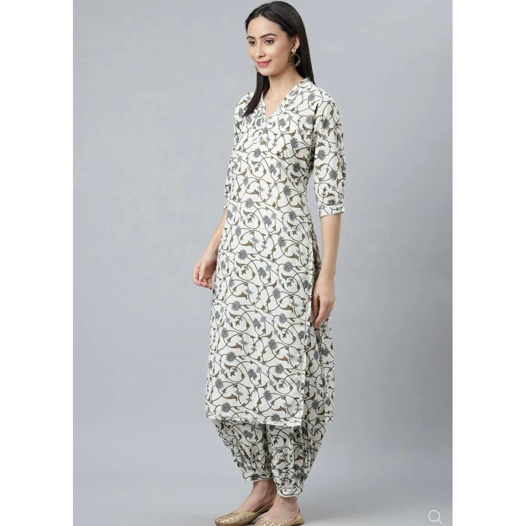 LookMark Women's Trendy Printed Cotton Blend Straight White Color Kurta and Afghani Pant Set (KS2072-XXL)